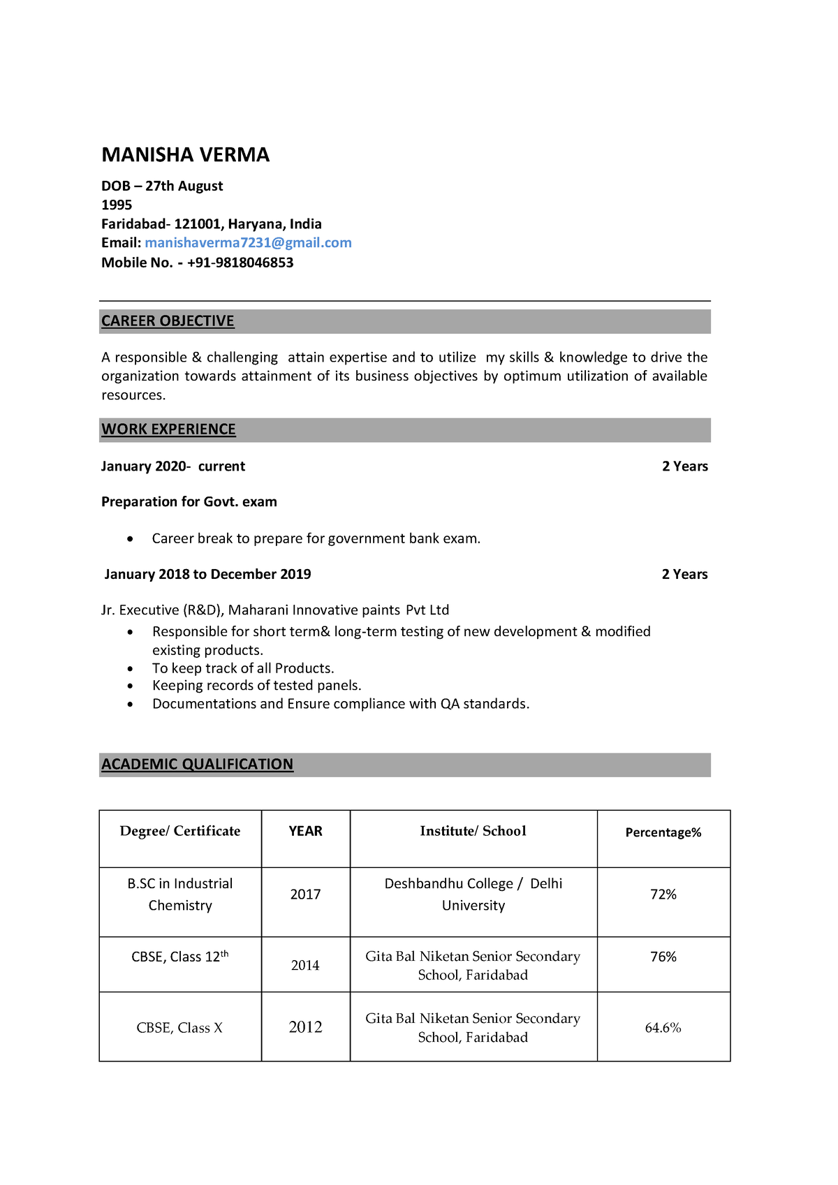 M resume - no i have no discription - MANISHA VERMA DOB – 27th August ...