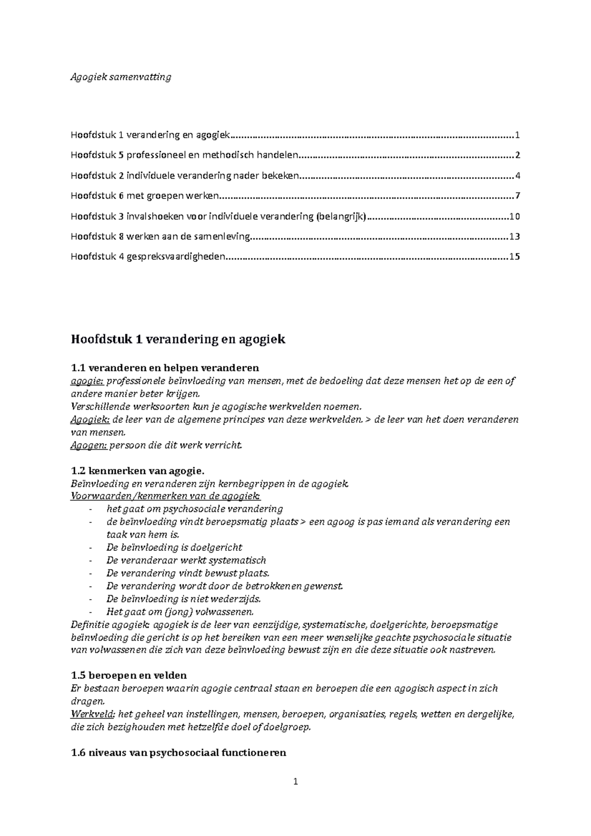 Agogiek Samenvatting - Agogiek Samenvatting Hoofdstuk 1 Verandering En ...