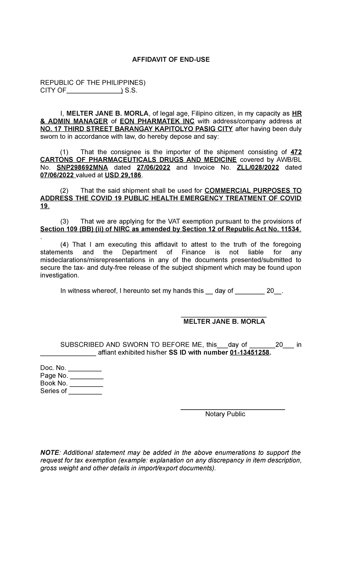 Affidavit Template - Standard - AFFIDAVIT OF END-USE REPUBLIC OF THE ...