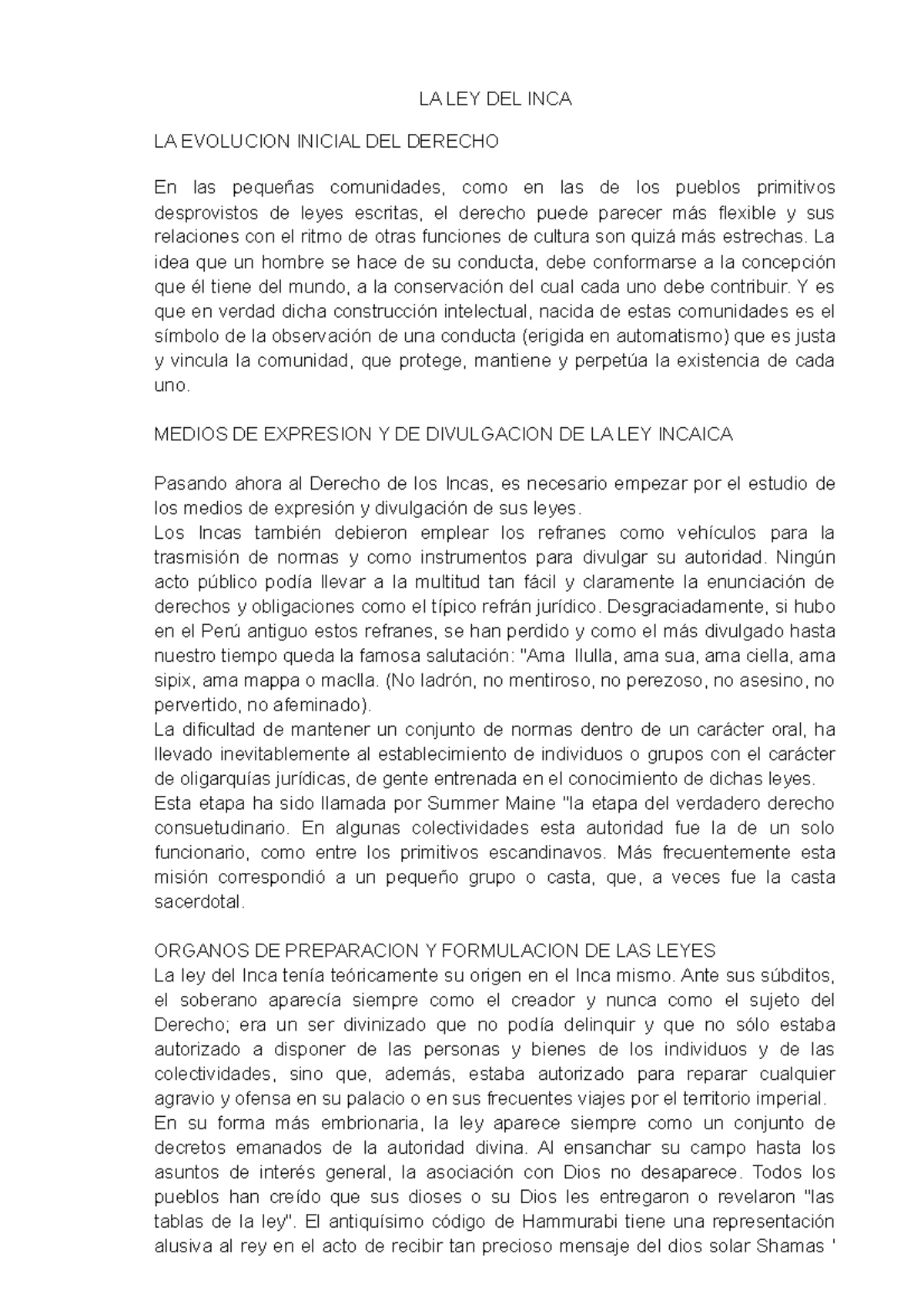 LA LEY DEL INCA Resumen - jejeje - LA LEY DEL INCA LA EVOLUCION INICIAL ...