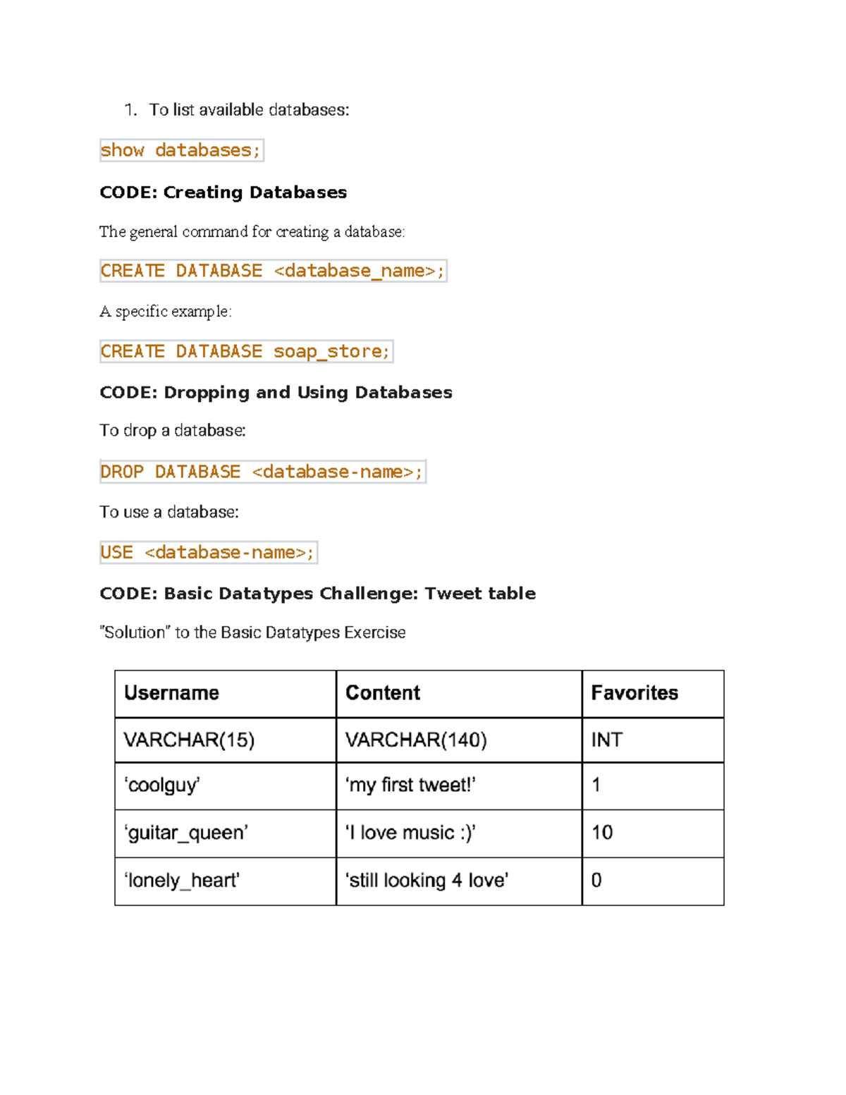 SQLcodes - 1. To list available databases: show databases; CODE ...