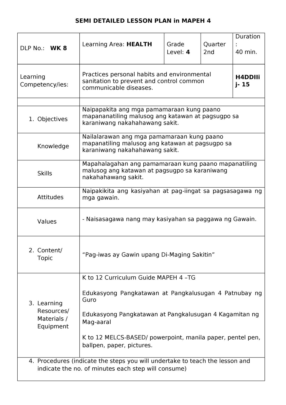 Semi Detailed Lesson Plan In Mapeh 2nd Quarter - SEMI DETAILED LESSON ...