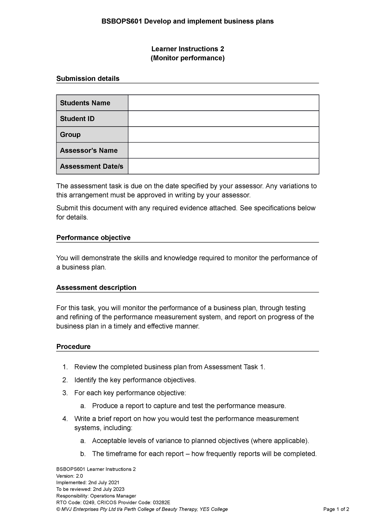 7. Bsbops 601 Assessment 2 Learner - BSBOPS601 Develop And Implement ...