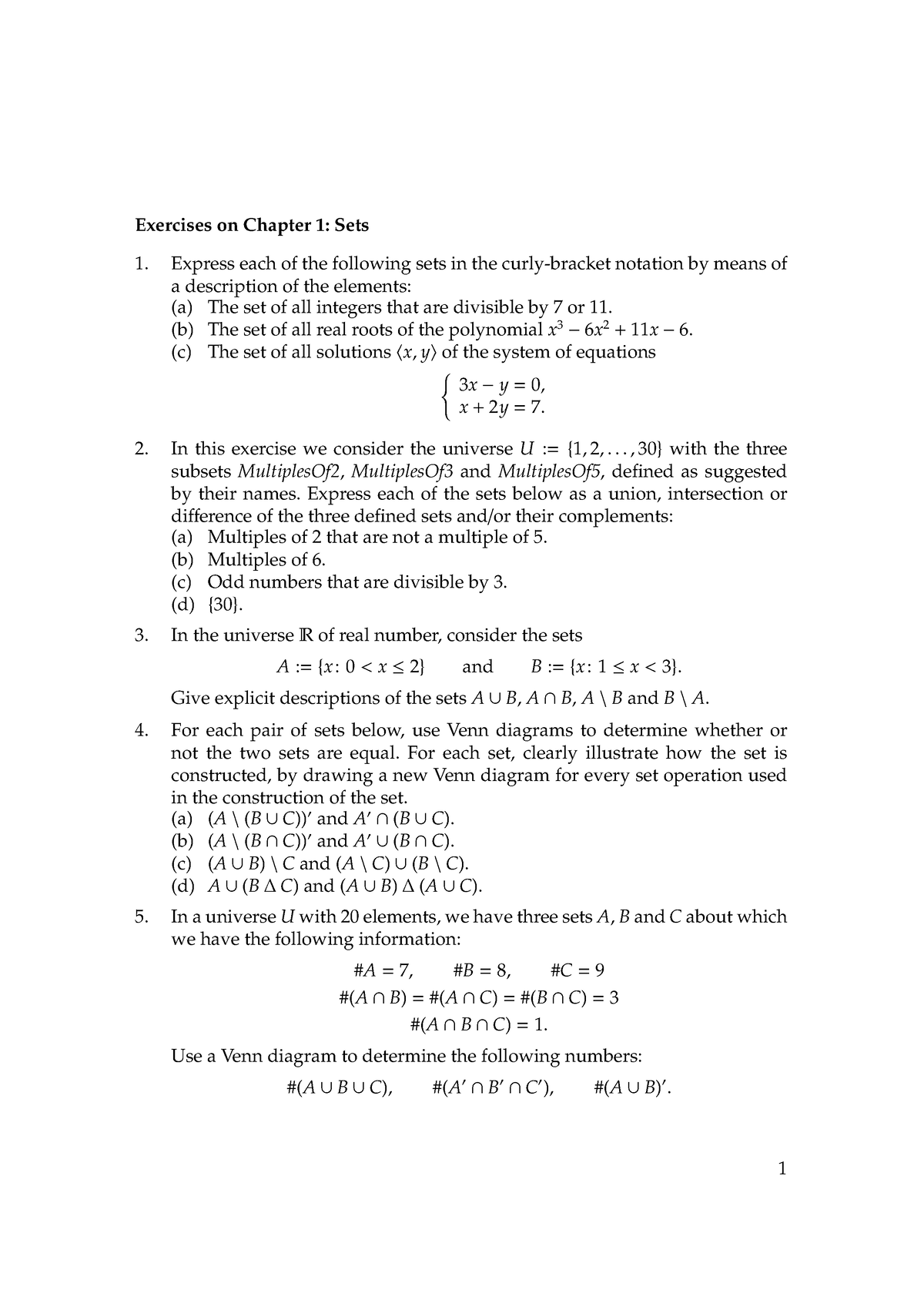 Sets Exercises 1 - Exercise Sheet 1 - Exercises on Chapter 1: Sets ...