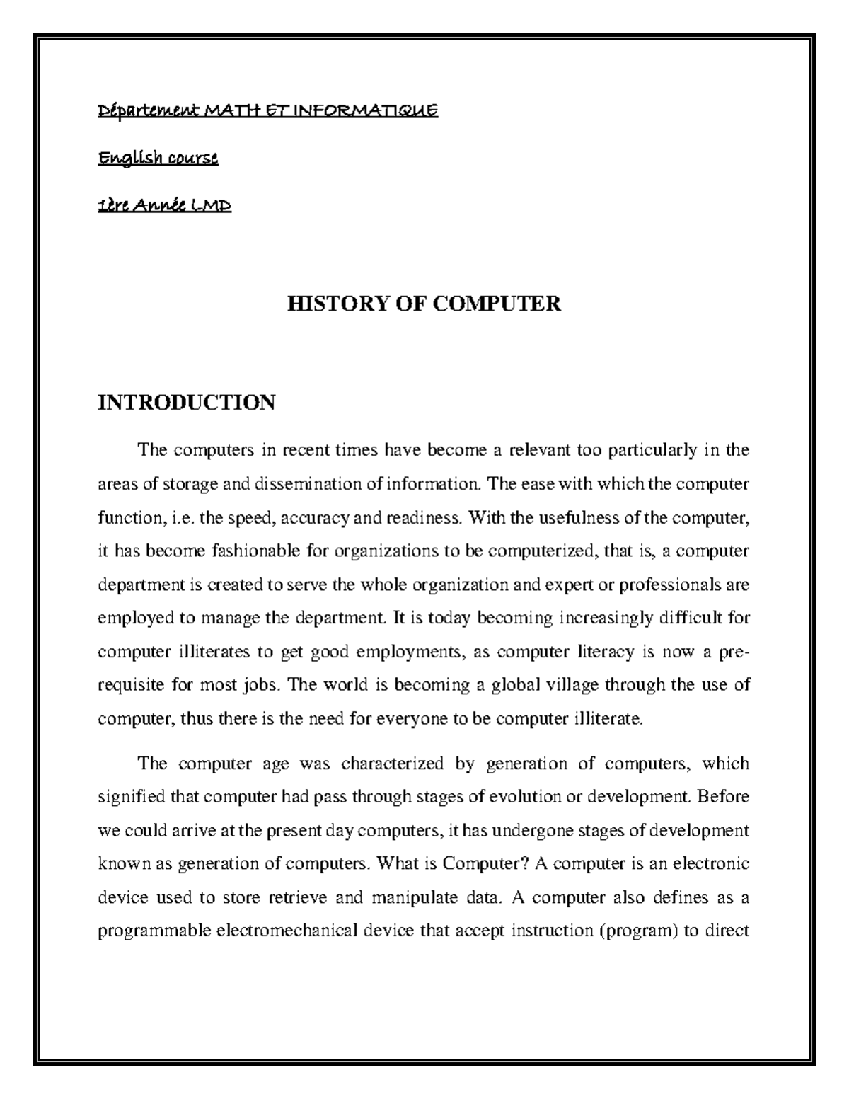 Lecture 01 History of Computer - Département MATH ET INFORMATIQUE ...