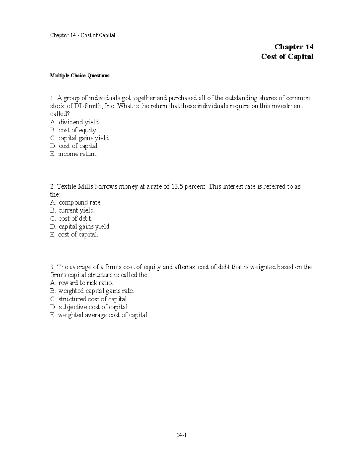 Test+bank+Chap014 - aaaaaaaaaaaaaaaaaaaa - Chapter 14 Cost of Capital ...