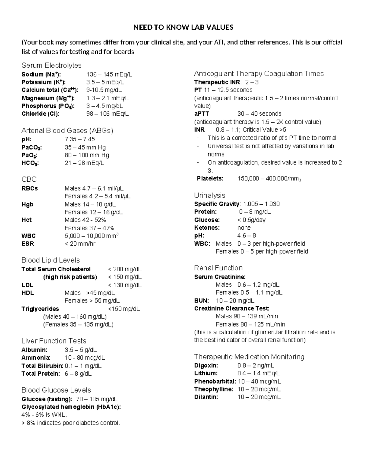 NEED TO KNOW LAB Values - NEED TO KNOW LAB VALUES (Your book may ...