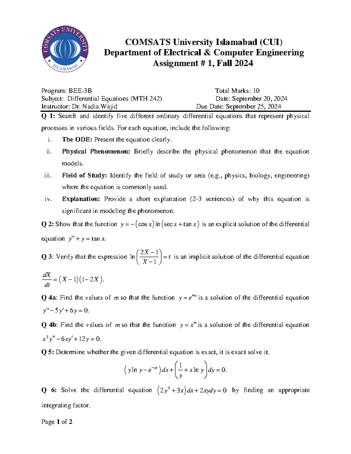 Differential Equation Assignment # 01 - Page 1 of 2 Program: BEE- 3 B ...