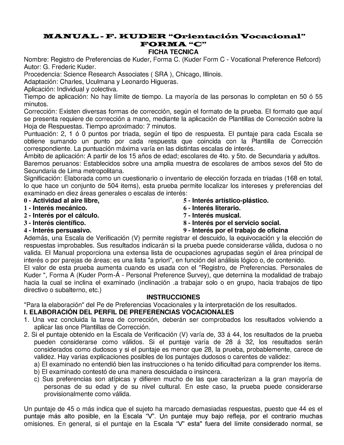 Manual Test Kuder Compress Manual F Kuder “orientación Vocacional” Forma “c” Ficha Tecnica 4262