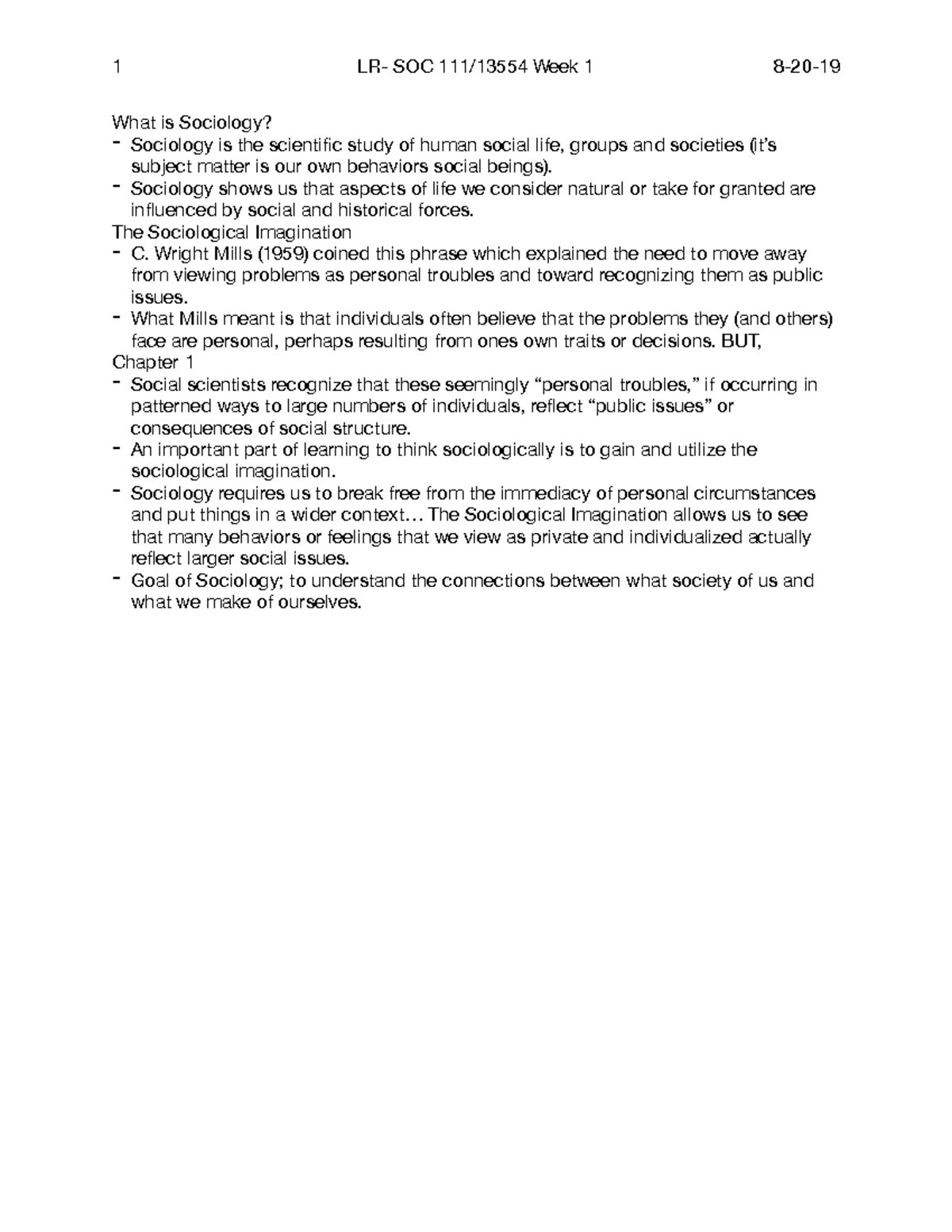Sociology 1 - Lecture notes 1 - 1 LR- SOC 111/13554 Week 1 8-20- What ...