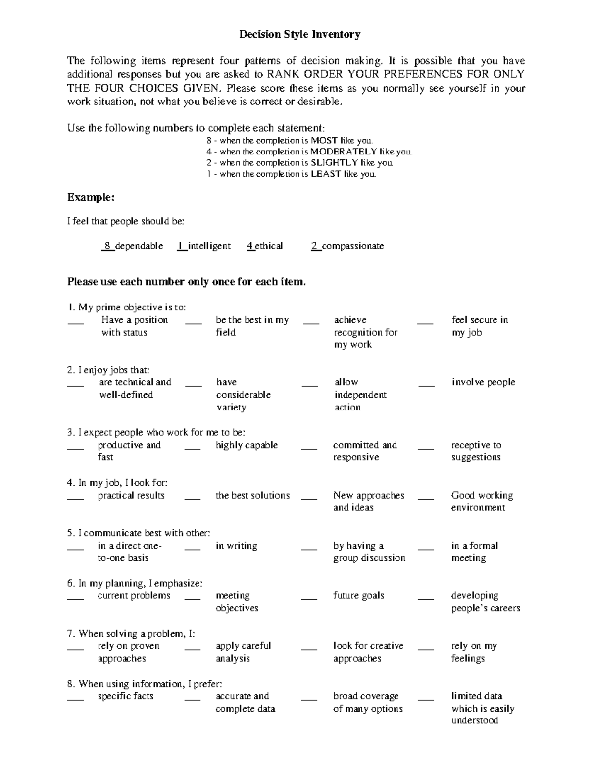 Rowe's Decision Style Inventory - Decision Style Inventory The ...