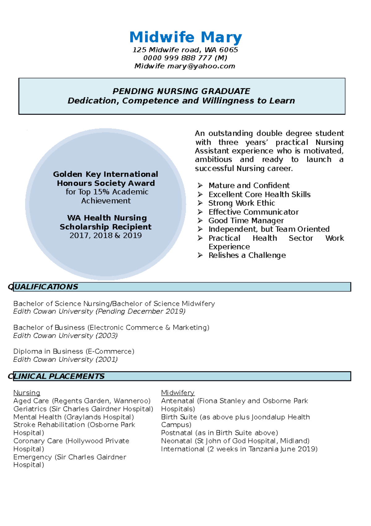 Example resume for transitioning to RN - Midwife Mary 125 Midwife road