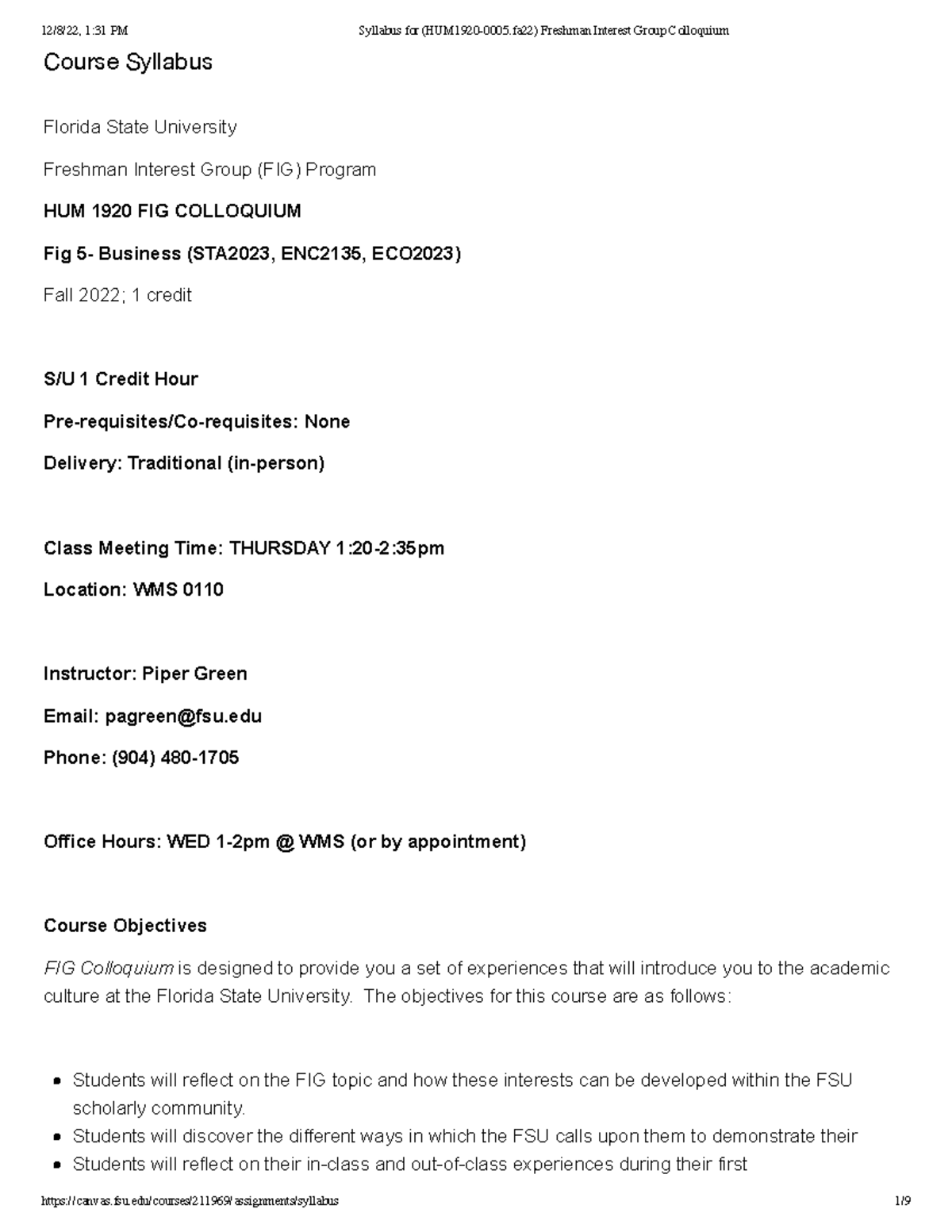 HUM 1920 syllabus - Course Syllabus Florida State University Freshman ...