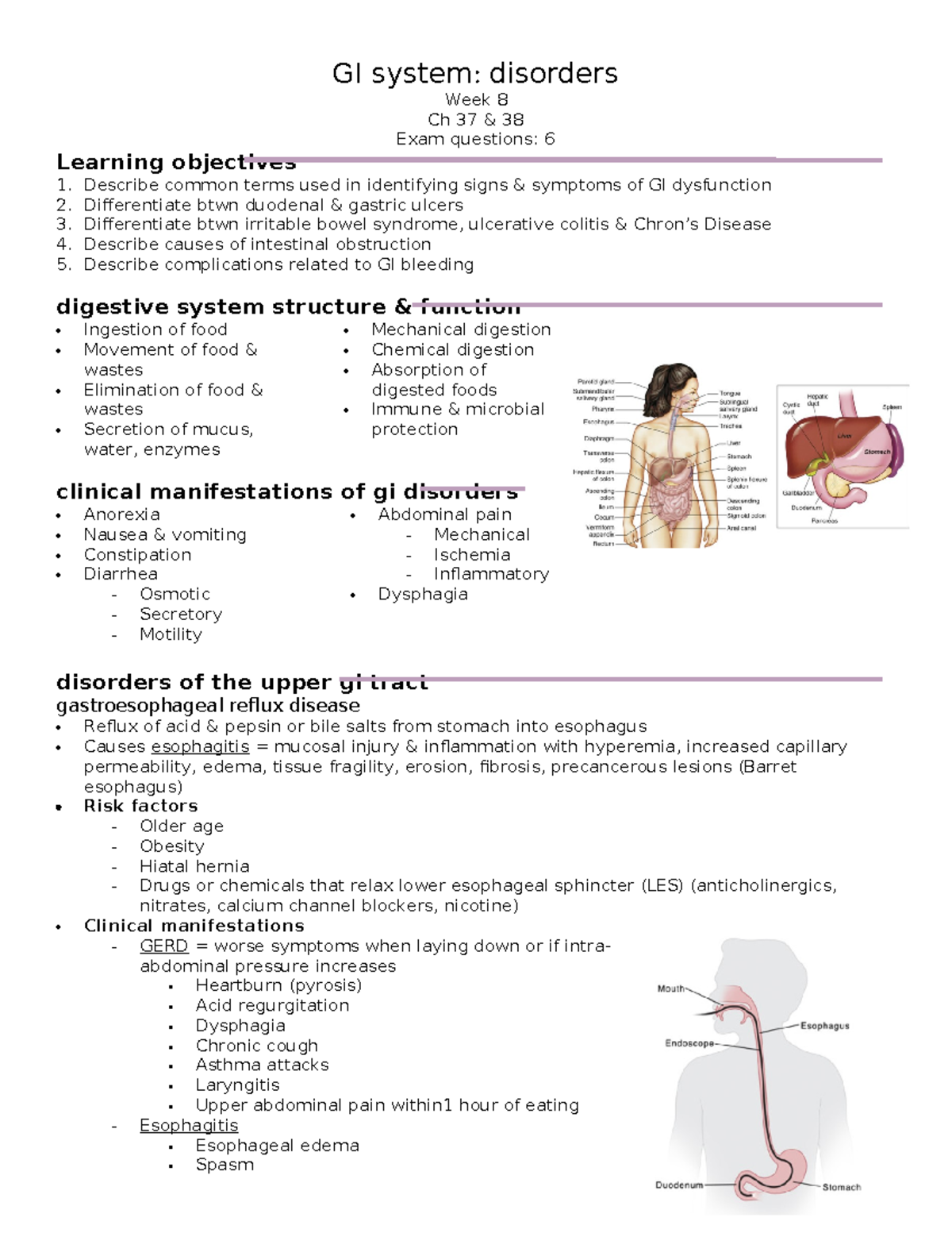 GI disorders - GI system: disorders Week 8 Ch 37 & 38 Exam questions: 6 ...