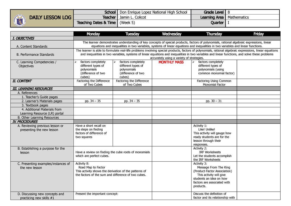 Sample Grade 8 DLL Q1W5 - DLL for mathematics - DAILY LESSON LOG School ...