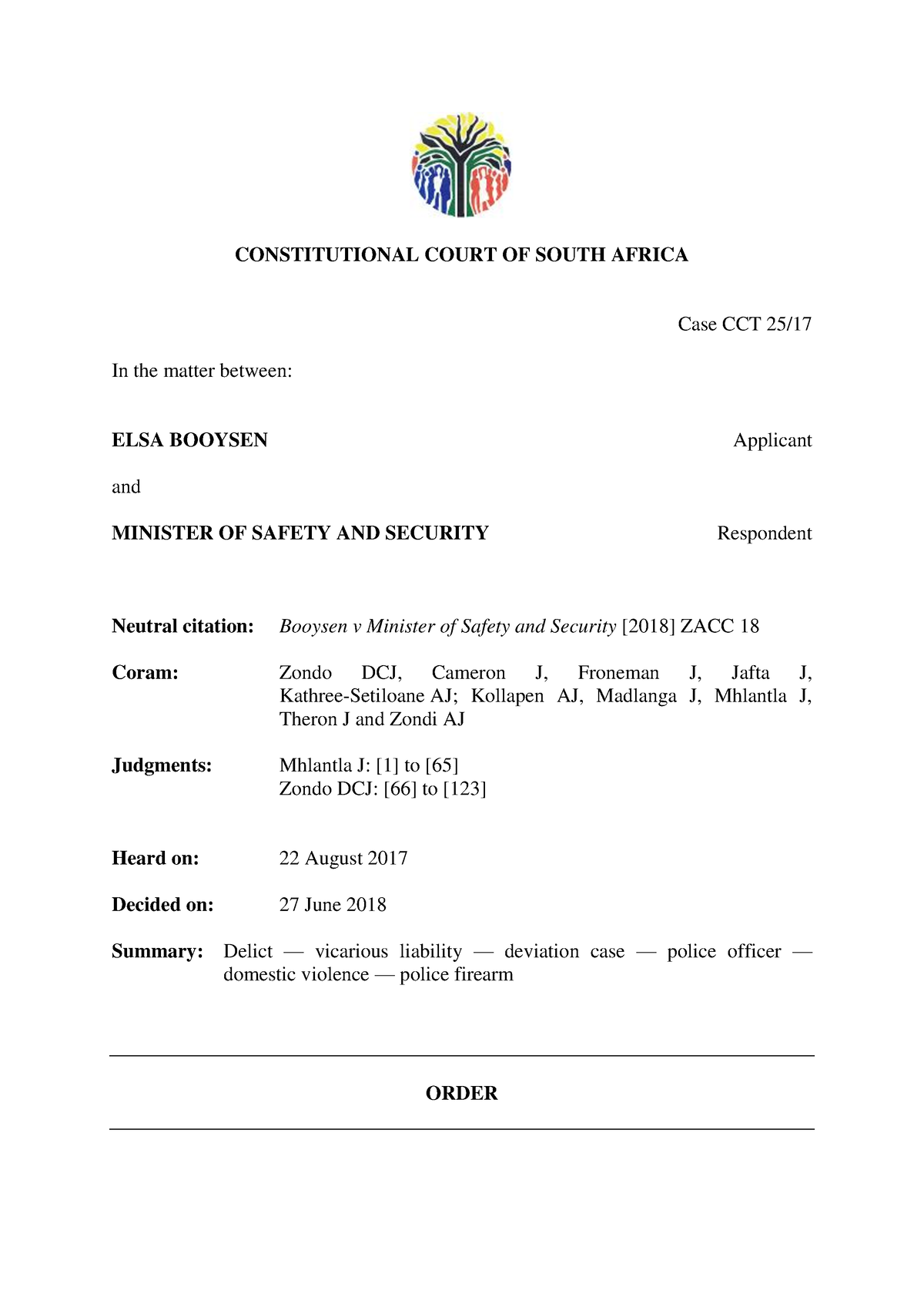 Booysen V Minister Of Safety And Security 2018 6 1 SA CC   Thumb 1200 1697 