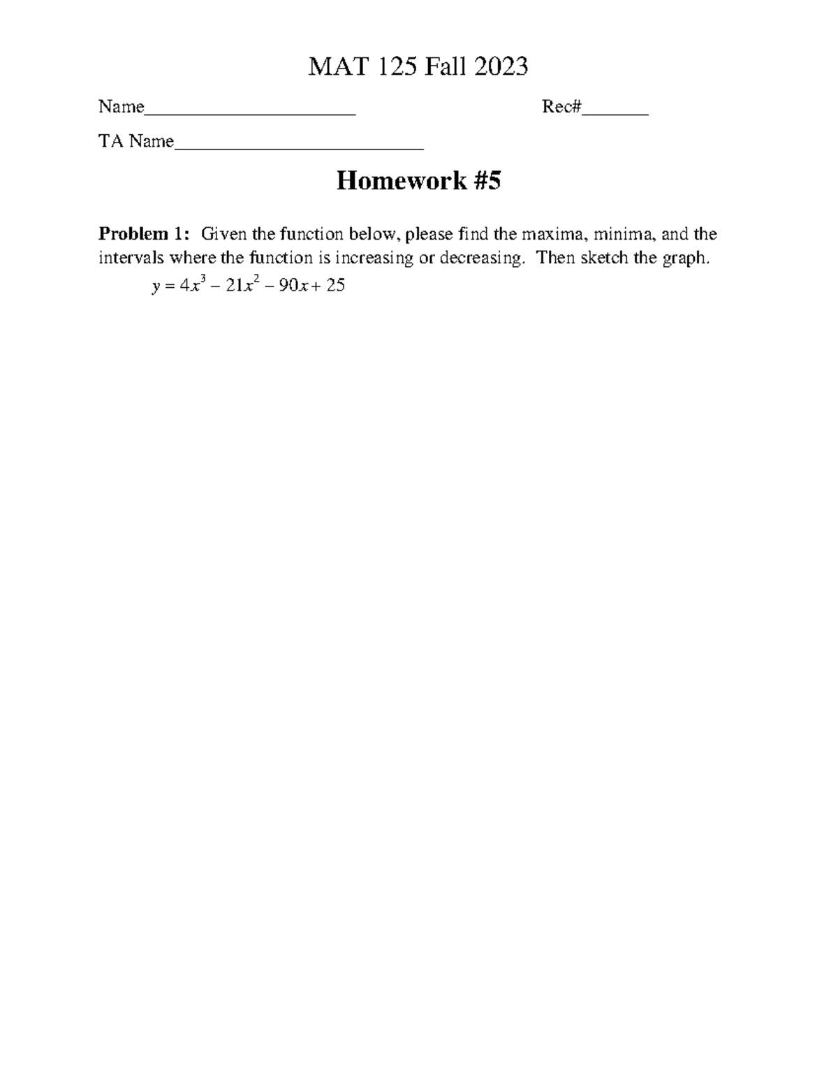 Paper Homework 5for MAT 125 Fall2023 - MAT 125 - MAT 125 Fall 2023 Name