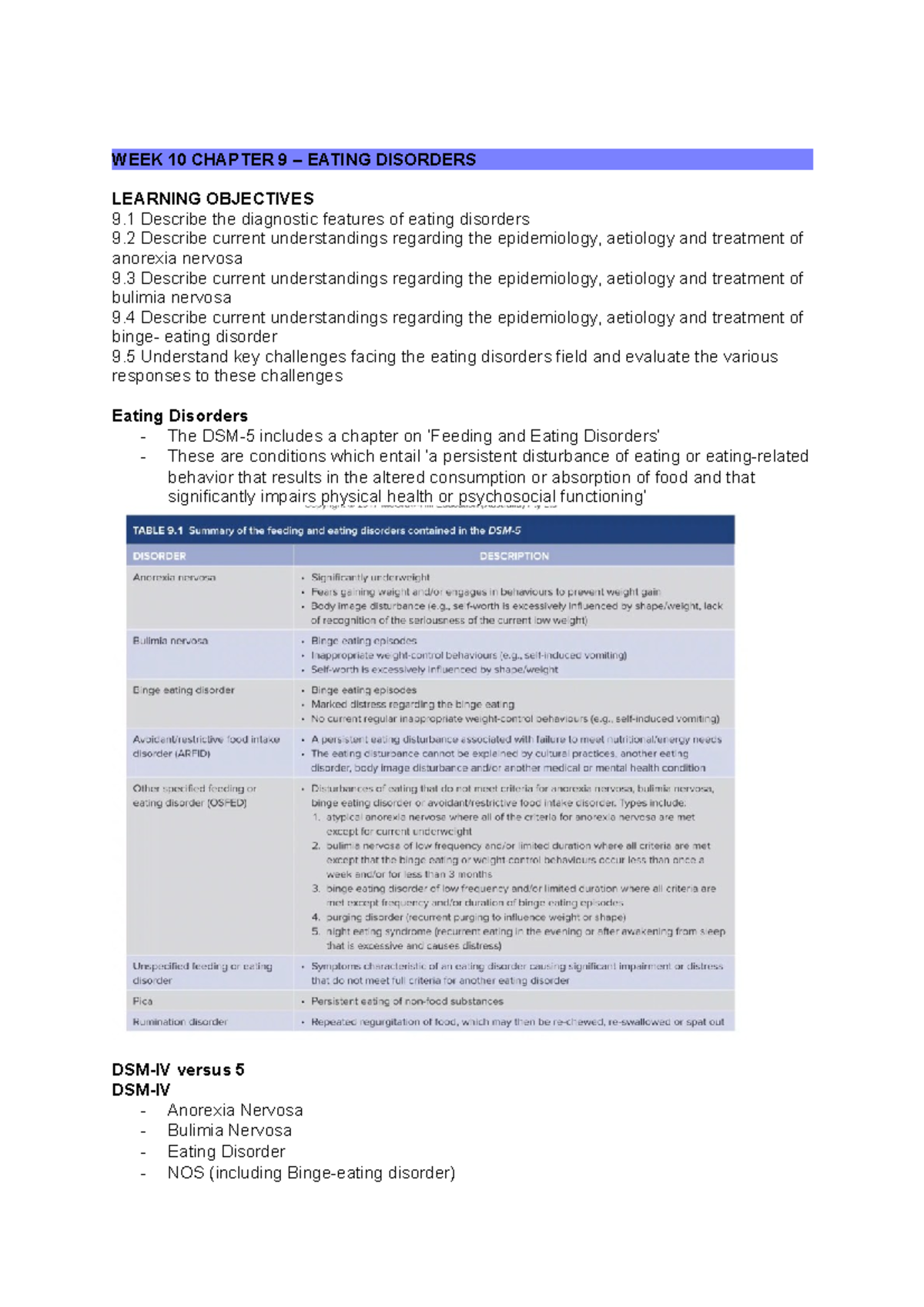 WEEK 10 Chapter 9 - Lecture notes 10 - WEEK 10 CHAPTER 9 – EATING ...