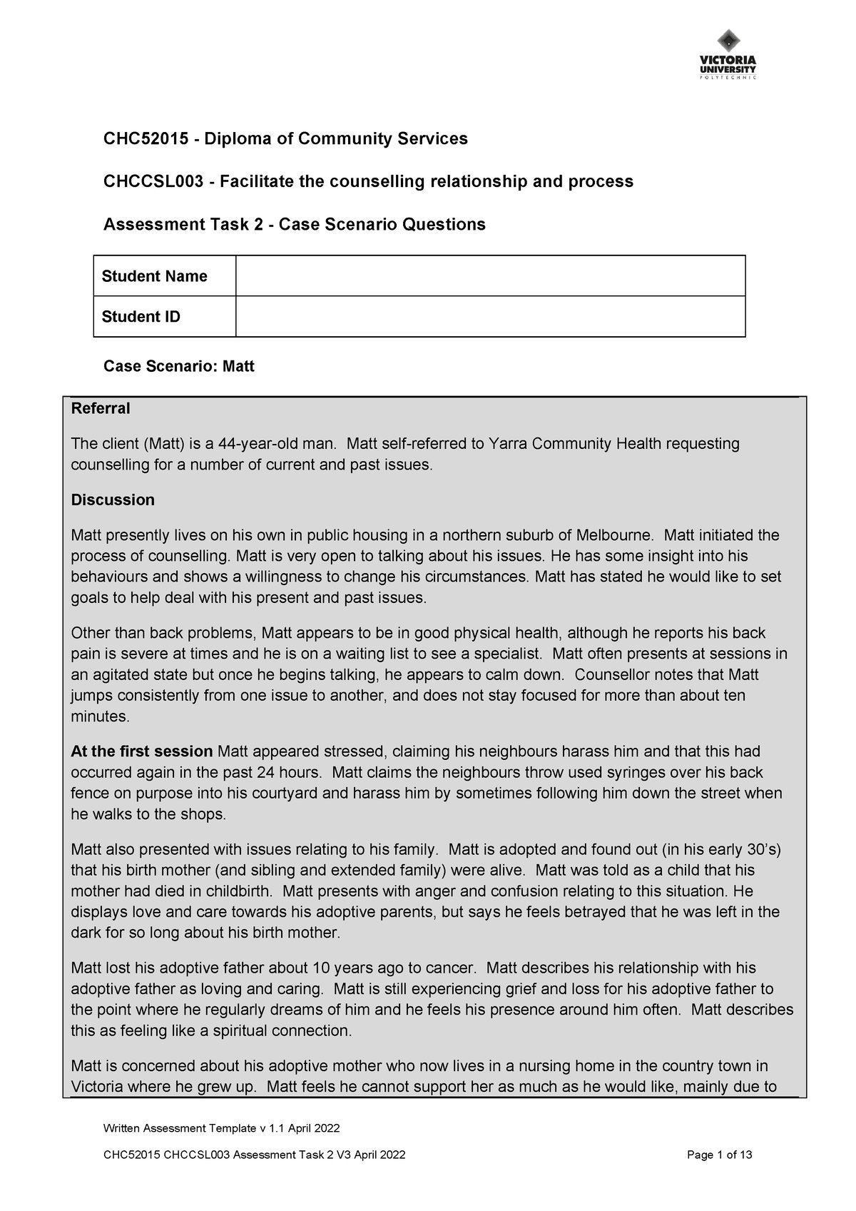 CHCCSL003 AT2 Case Scenario questions - CHC52015 - Diploma of Community ...