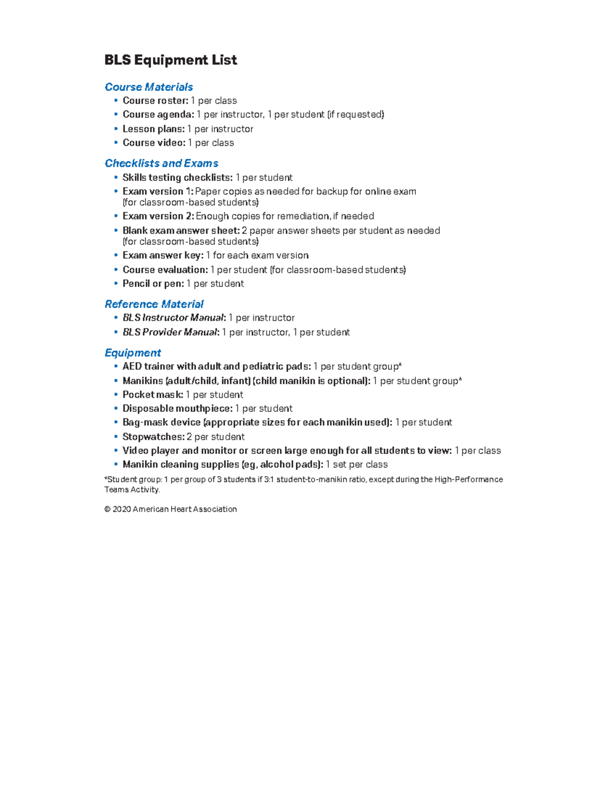 BLS 2020 Equipment List BLS Equipment List Course Materials • Course