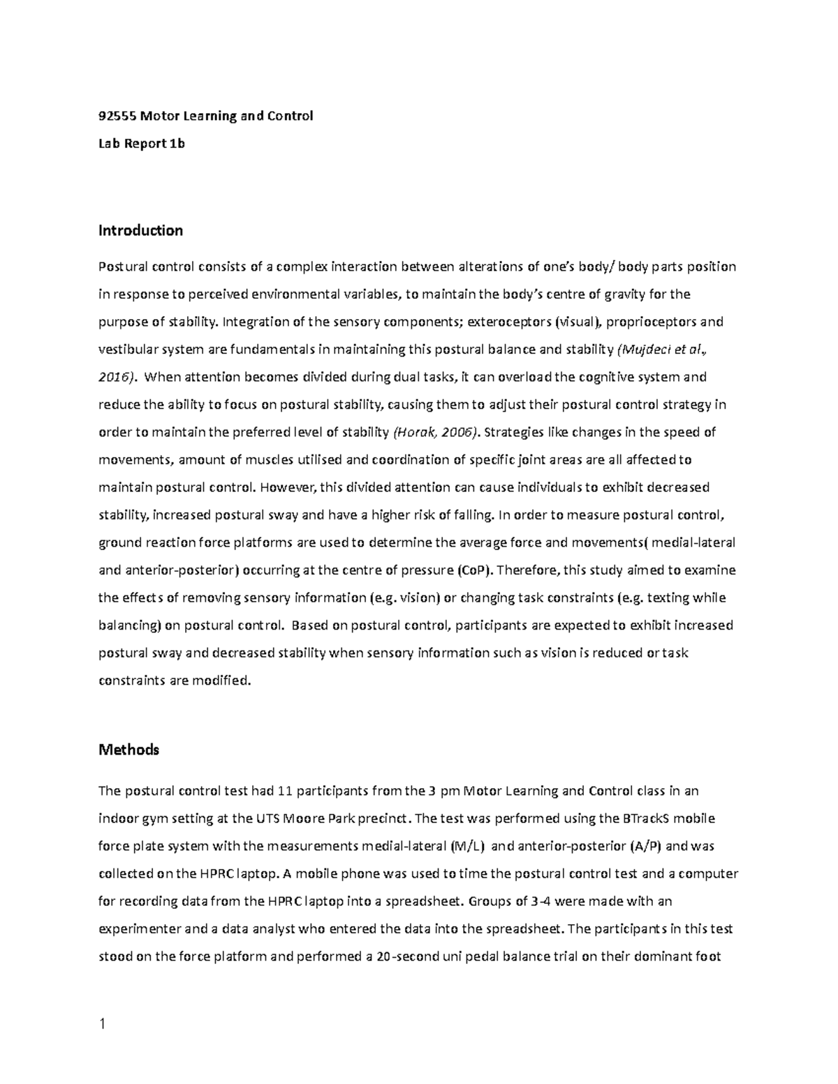 Motor Learning and Control Lab Report 1b - 92555 Motor Learning and ...