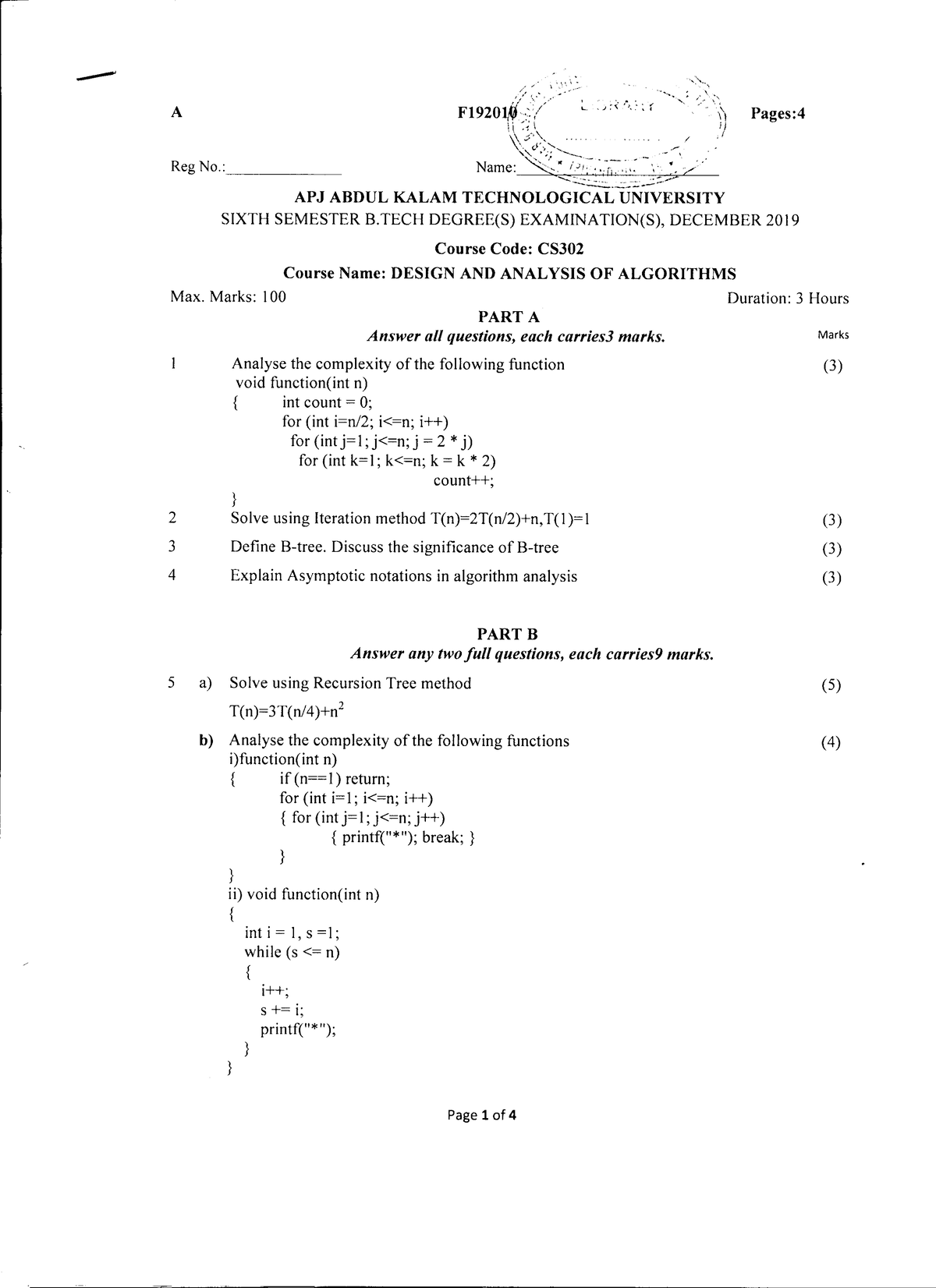 Cs302-b - Previous Question Papers - Algorithm Analysis And Design ...