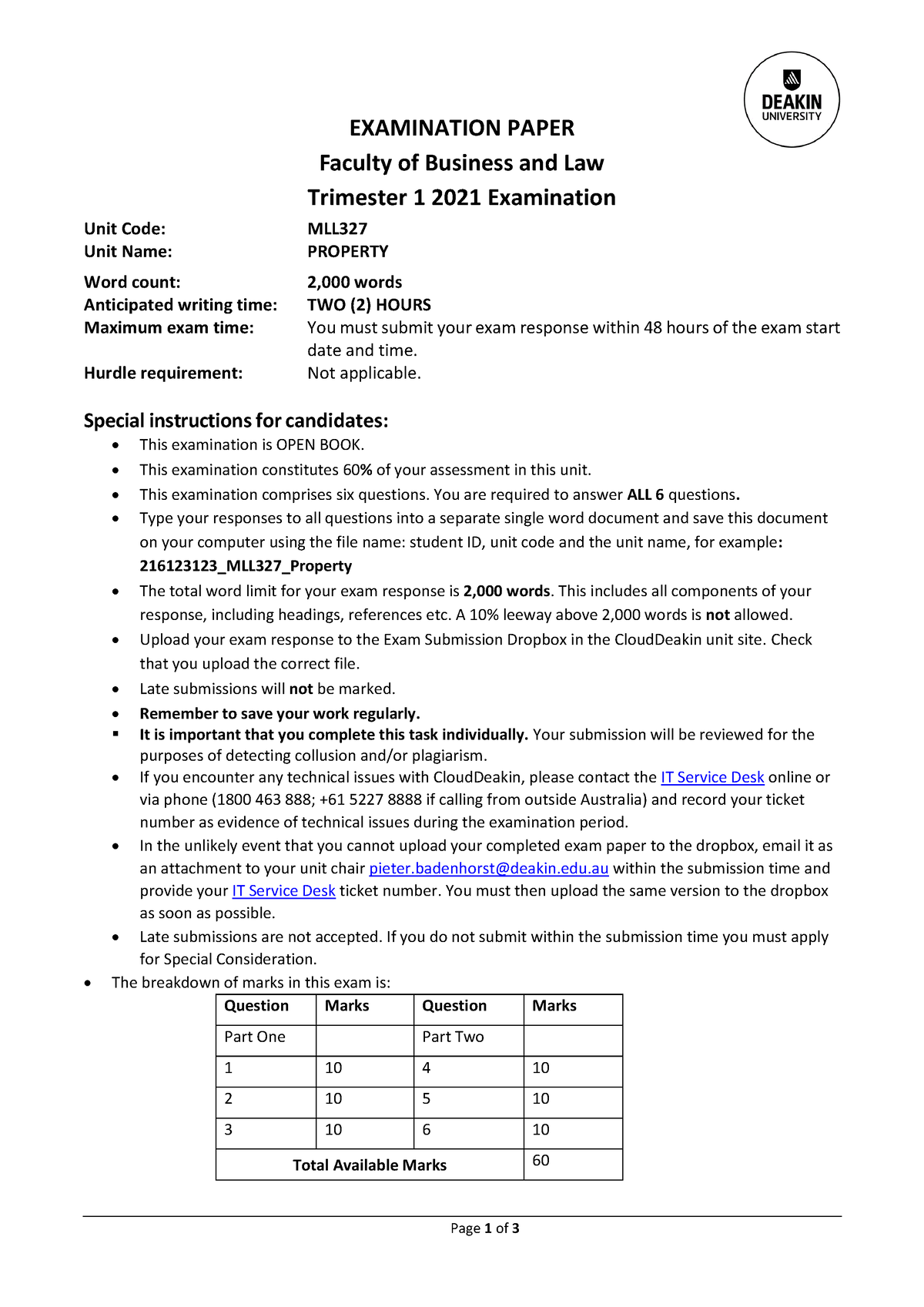 2021 Exam - Past Exam - EXAMINATION PAPER Faculty Of Business And Law ...