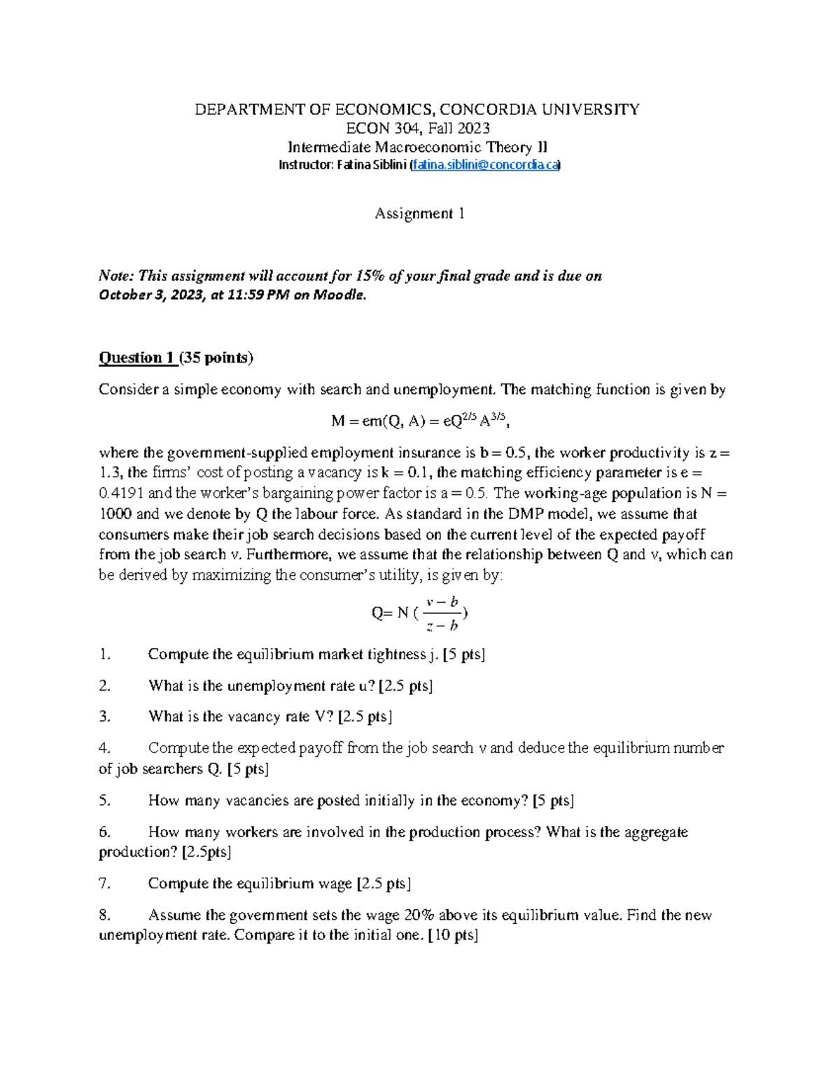 Assignment 1 - DEPARTMENT OF ECONOMICS, CONCORDIA UNIVERSITY ECON 304 ...