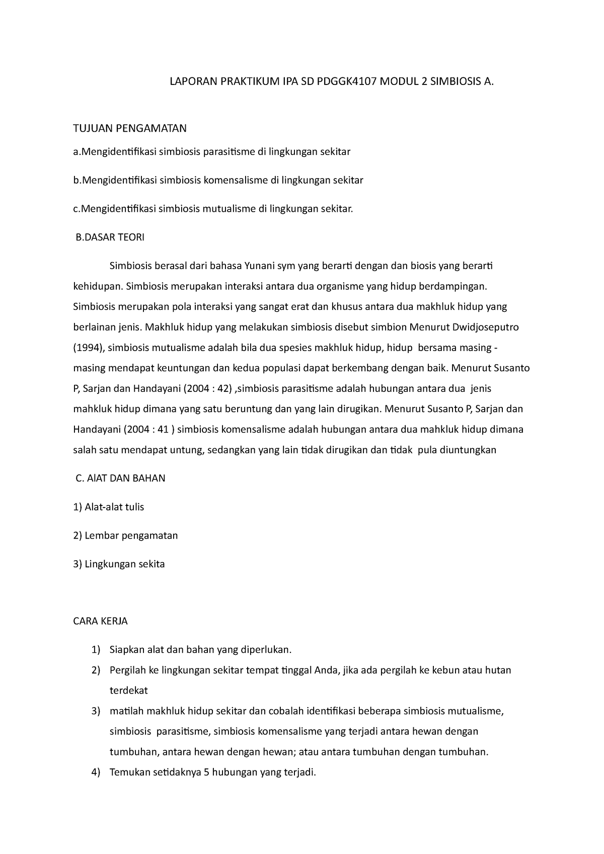 Laporan Praktikum IPA SD Pdggk 4107 Modul 2 Simbiosis Abc - LAPORAN ...