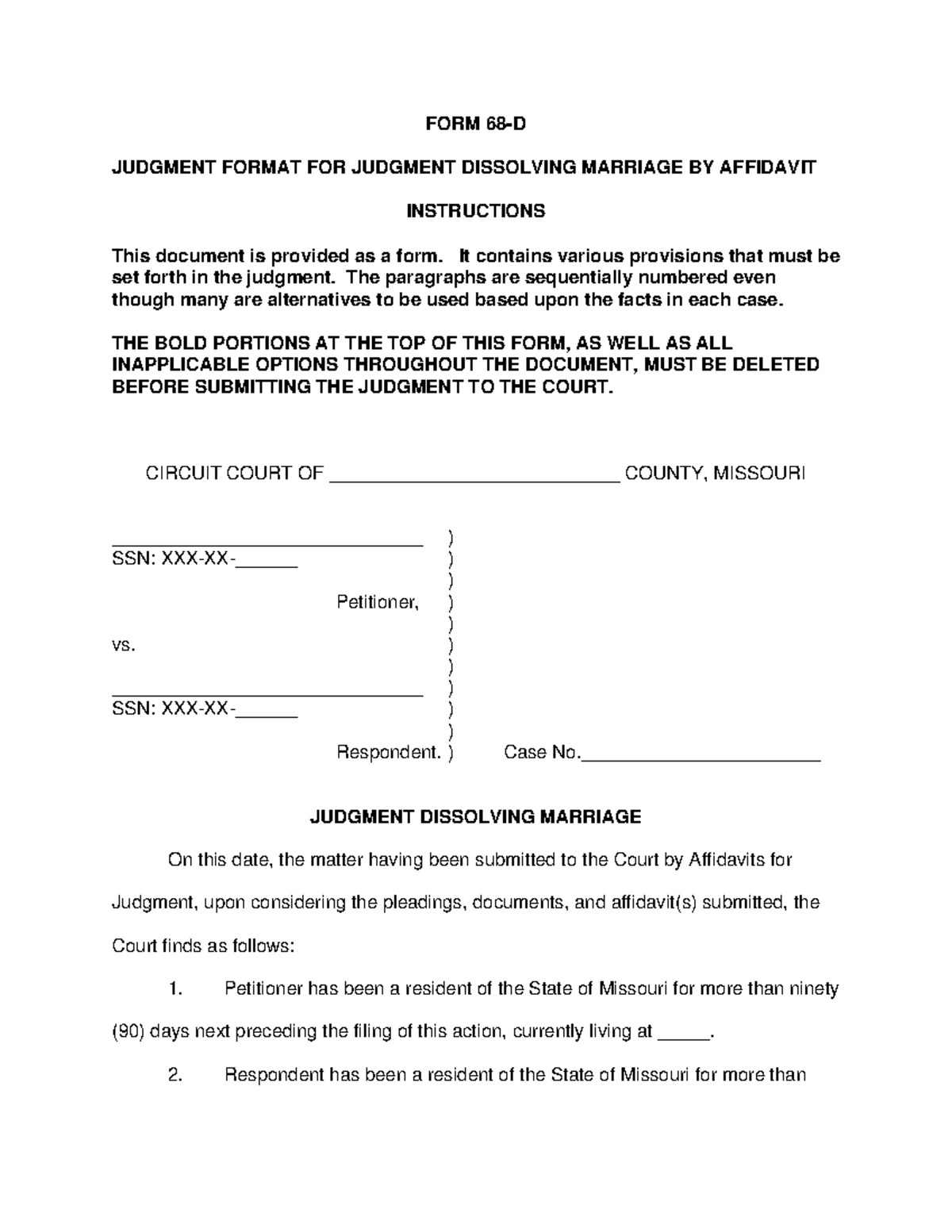 Judgment Dissolving Marriage-No Children-affidavit 12-09 - FORM 68-D ...