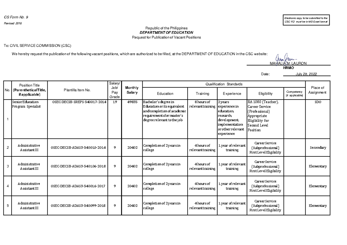 Deped ormoc 07282022 - Data Analysis - CS Form No. 9 Revised 2018 To ...