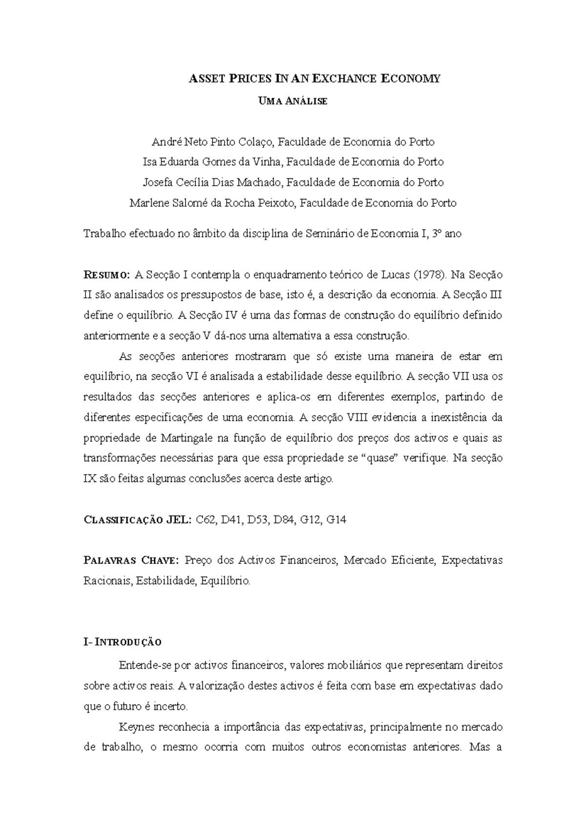 T6 G10 - resumo - ASSET PRICES IN AN EXCHANCE ECONOMY UMA ANÁLISE André ...