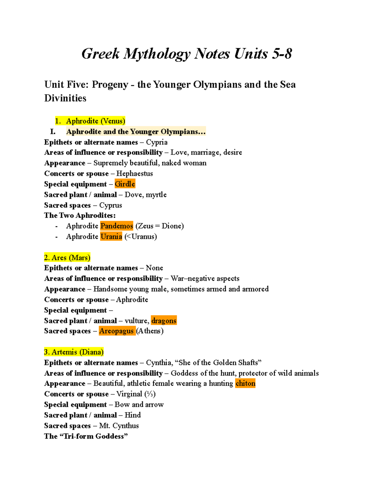 Greek Mythology Notes Units 58 Aphrodite and the Younger Olympians