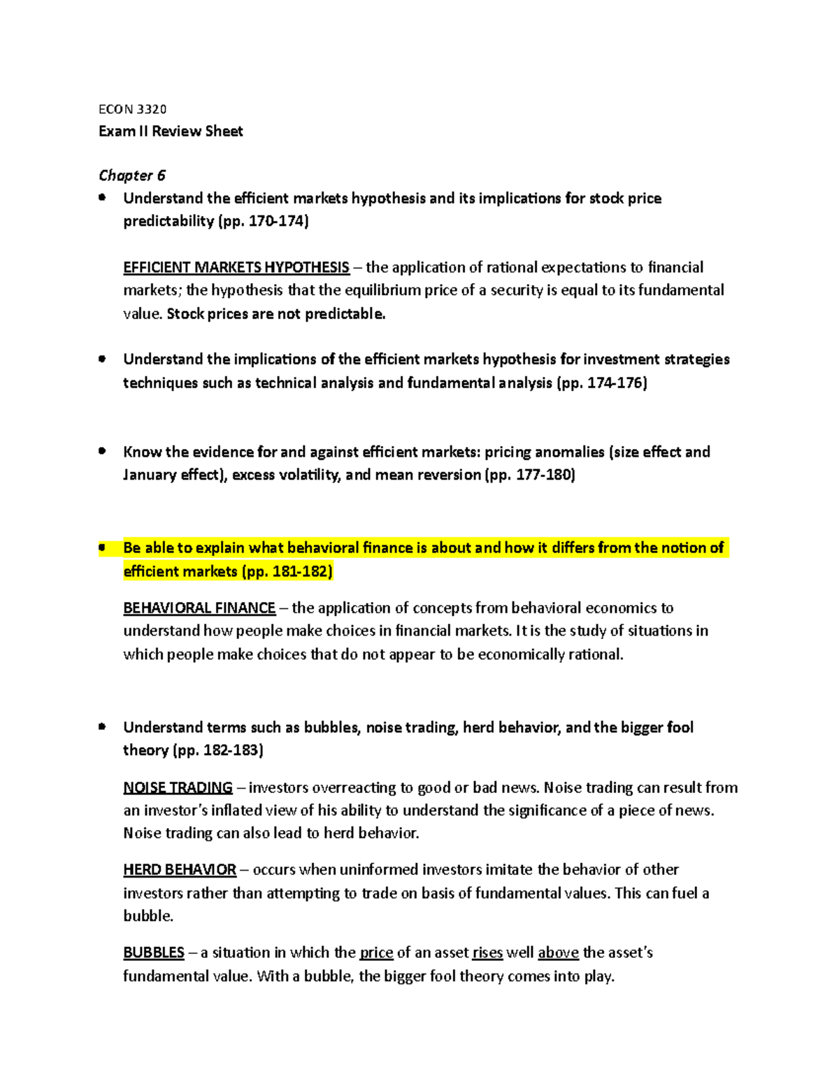 Exam II Review Sheet - Fall 2019 - ECON 3320 Exam II Review Sheet ...