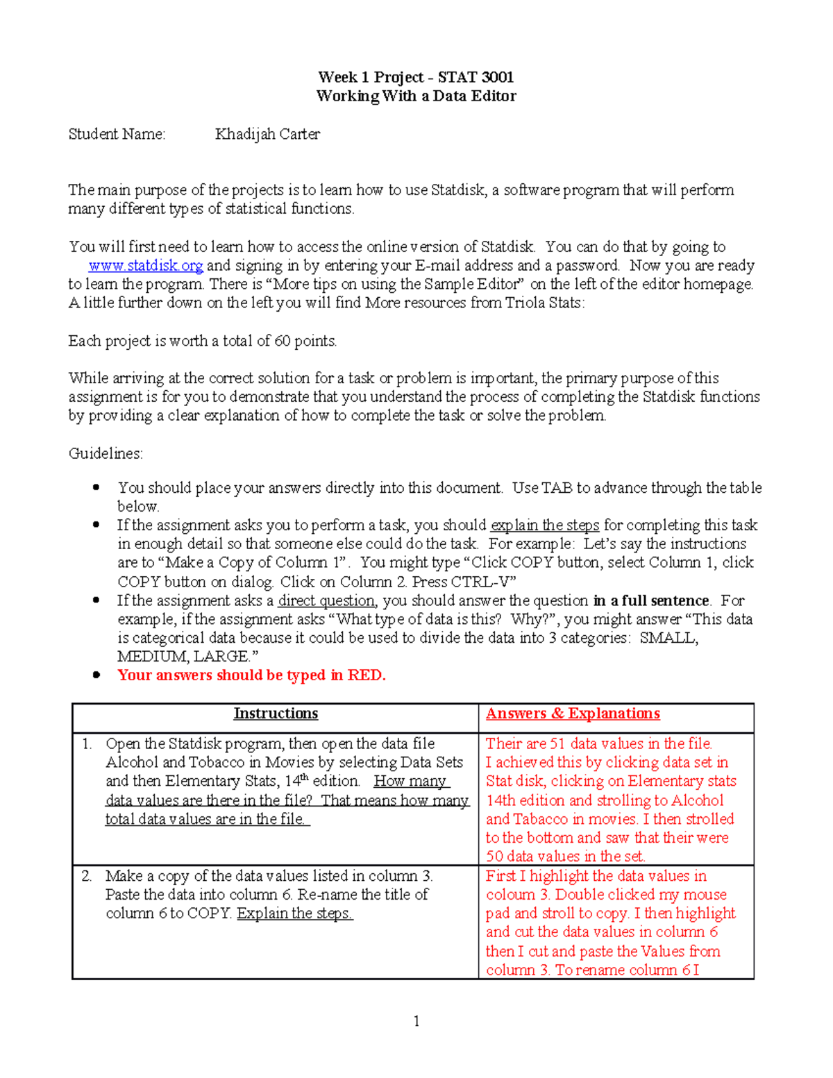 WK1Proj Carter K - Week 1 Statdisk Project 1 - Week 1 Project - STAT ...