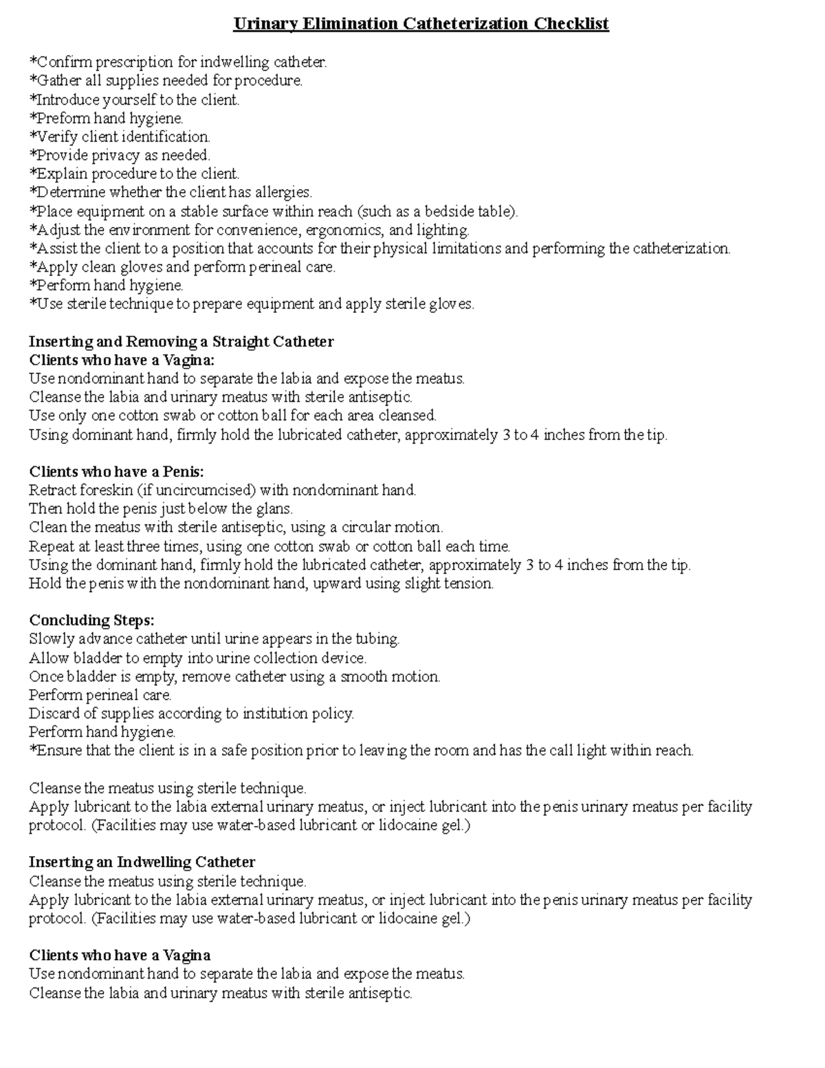 Urinary Elimination Catheterization Checklist - Studocu