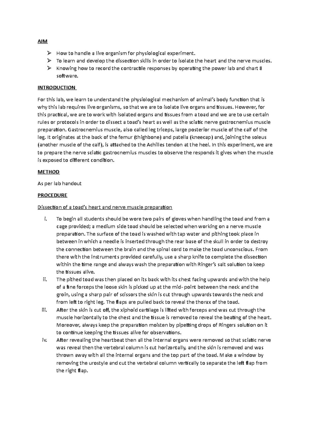 Bi309 lab 2 - lab - AIM How to handle a live organism for physiological ...