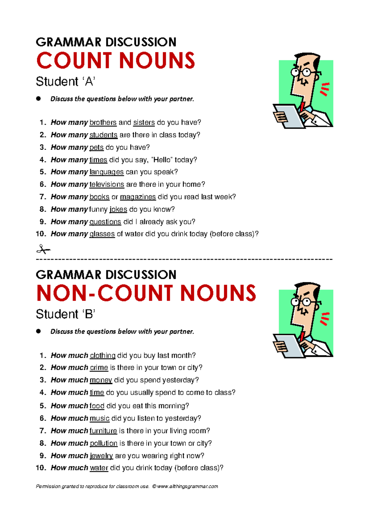Atgdiscussioncountnonc GRAMMAR DISCUSSION COUNT NOUNS Student ‘A’ Discuss the questions