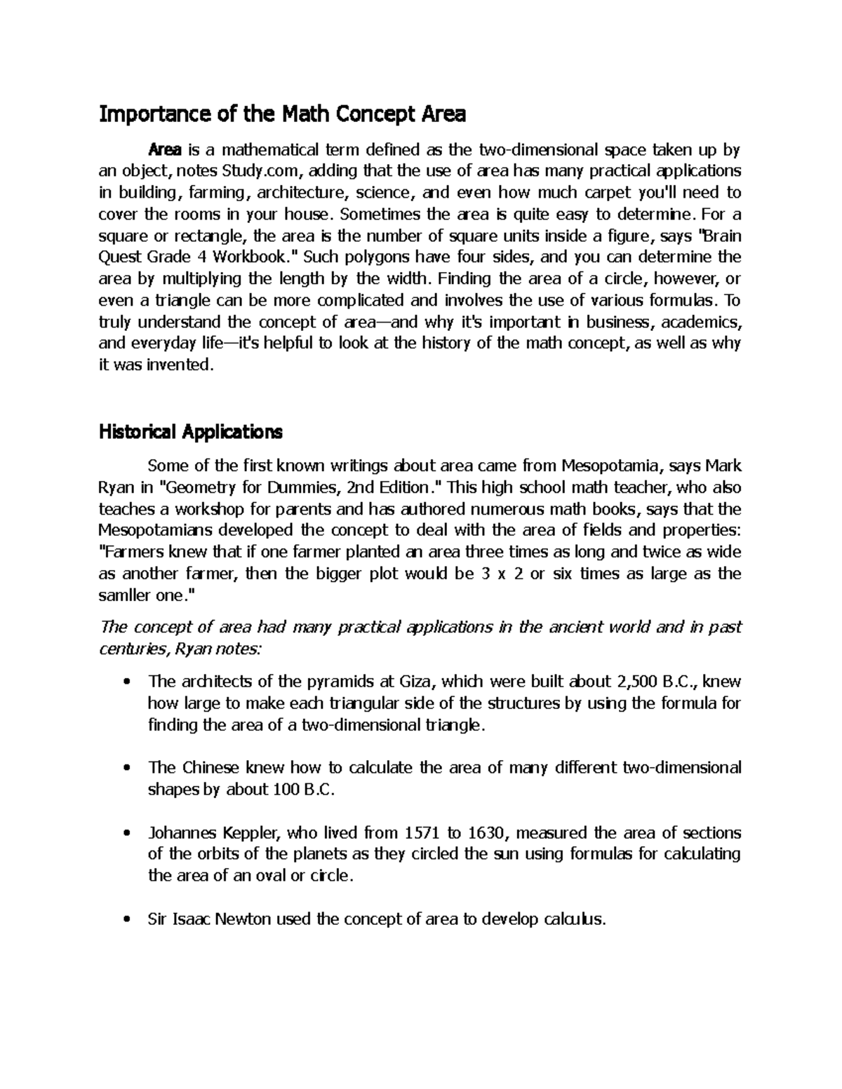 Lecture notes on the Importance of the Math Concept Area Importance