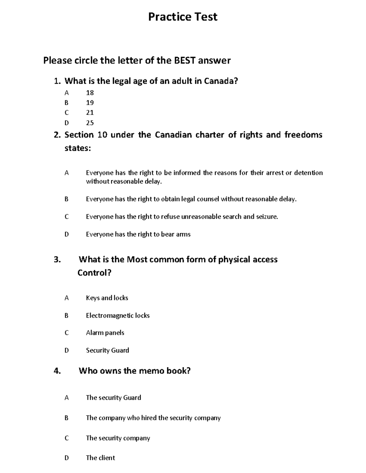 TEST - About 50 questions - Practice Test Please circle the letter of ...