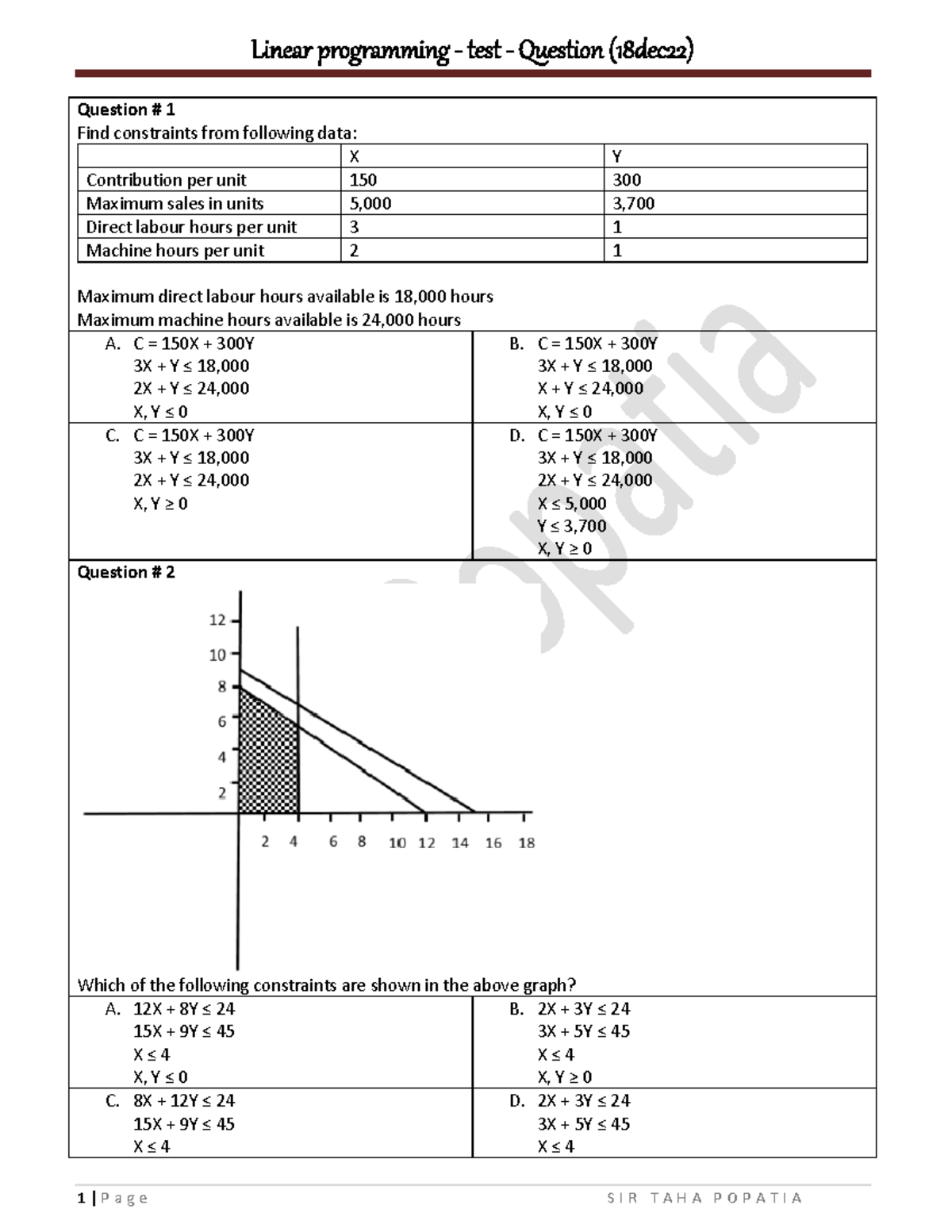 Linear programming - Questions - Test - 18 dec 22 - Linear programming ...