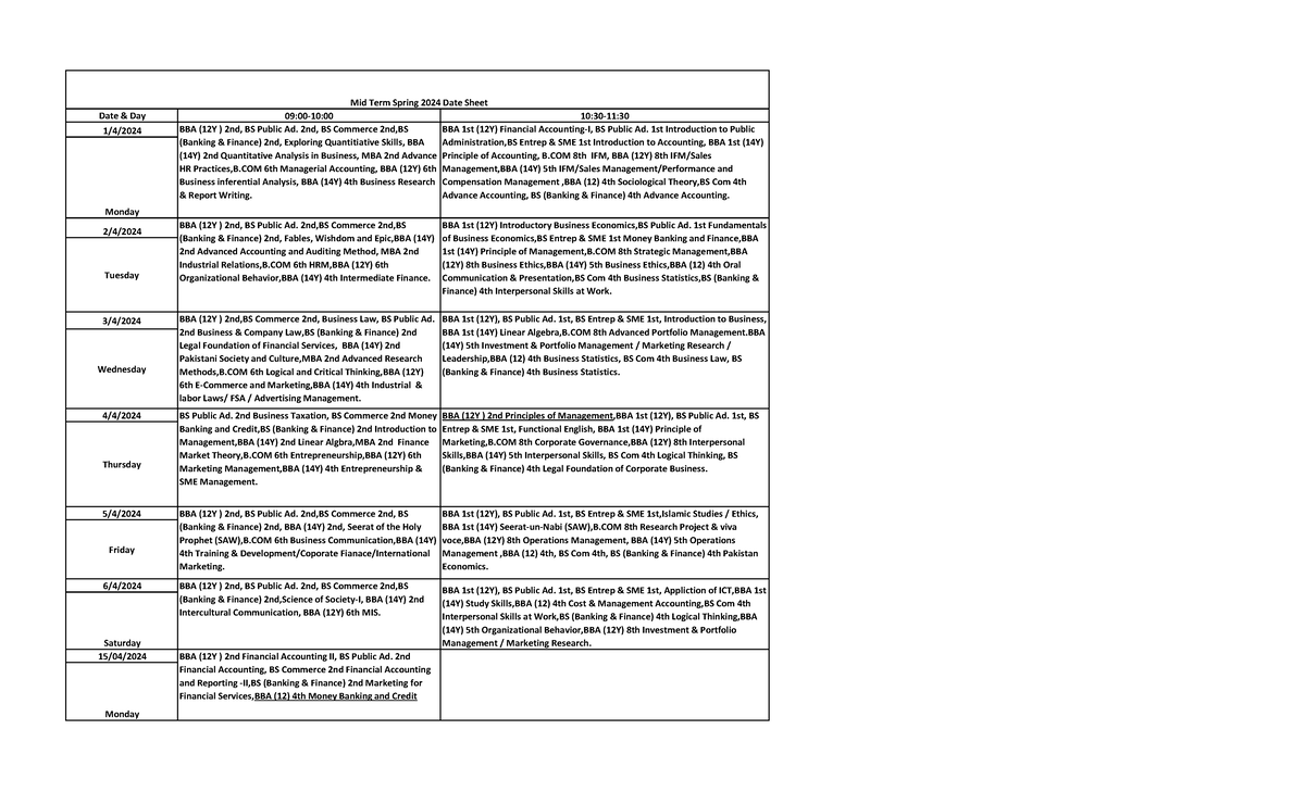 Date sheet Mid Spring 24 Final - Date & Day 09:00-10:00 10:30-11: 1/4 ...