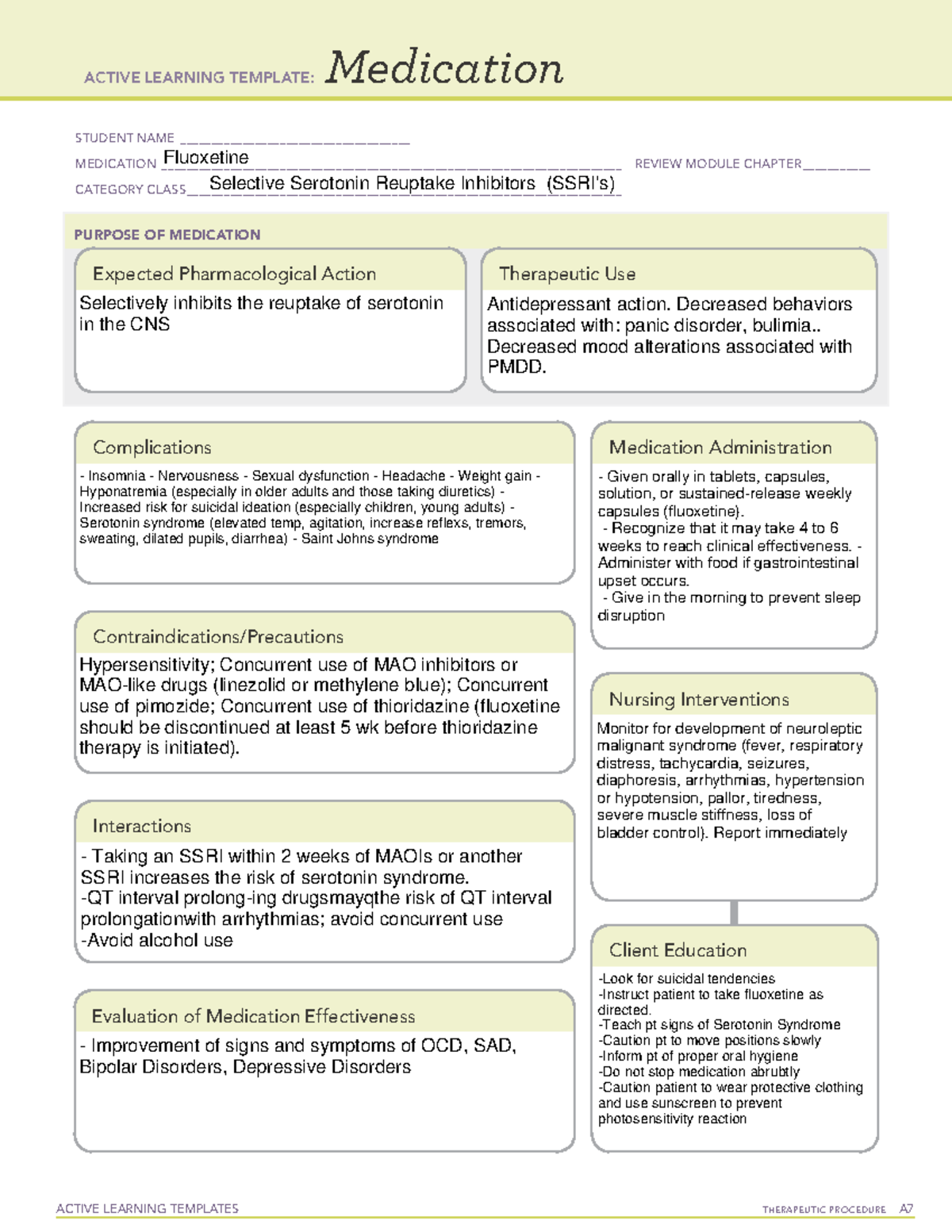 ATI Medication Fluoxetine ACTIVE LEARNING TEMPLATES THERAPEUTIC 