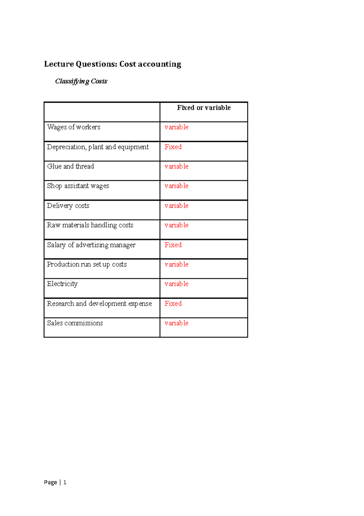 Lecture Questions Workings Lecture Questions Cost accounting