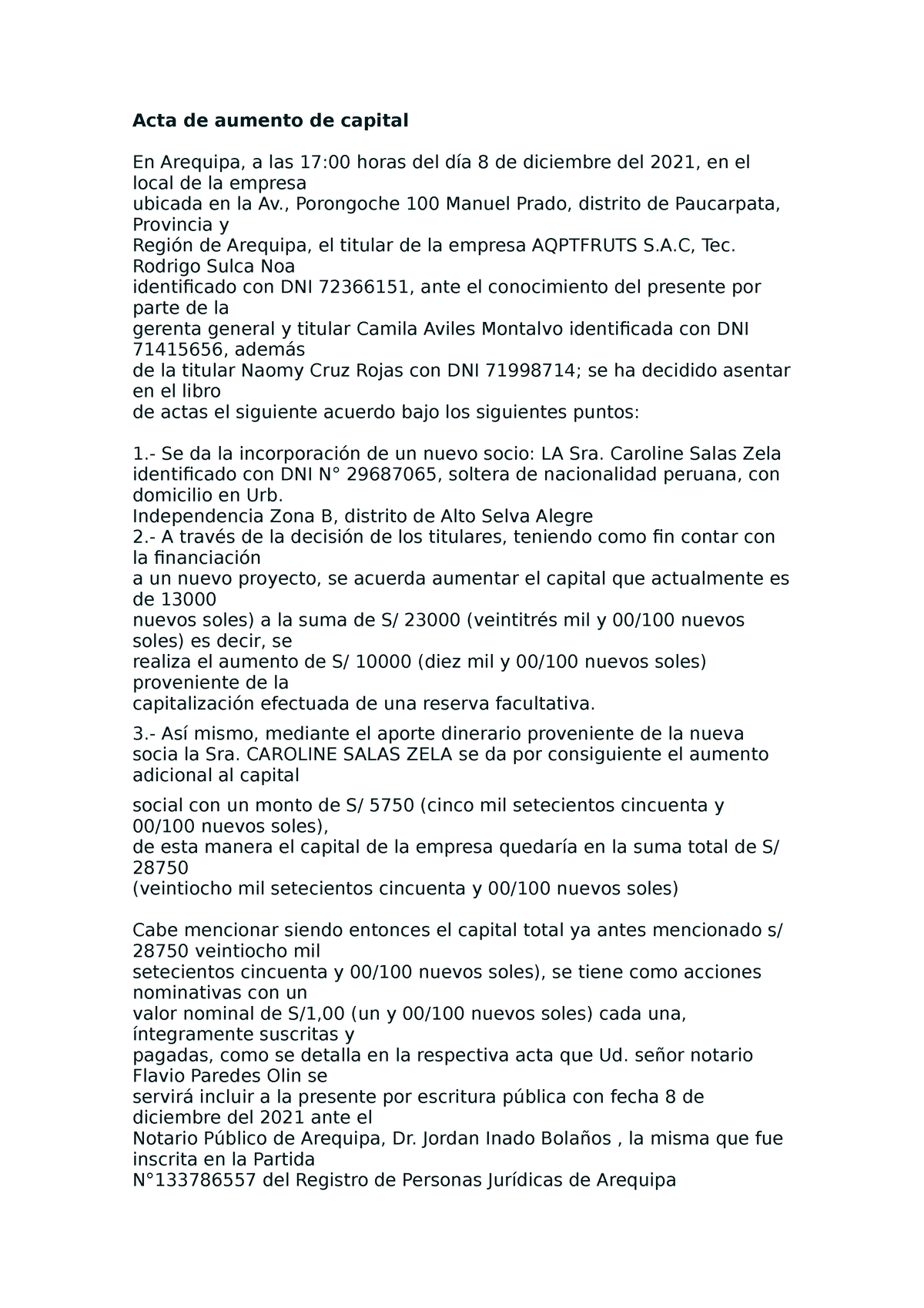 Acta De Aumento De Capital Derecho Acta De Aumento De Capital En