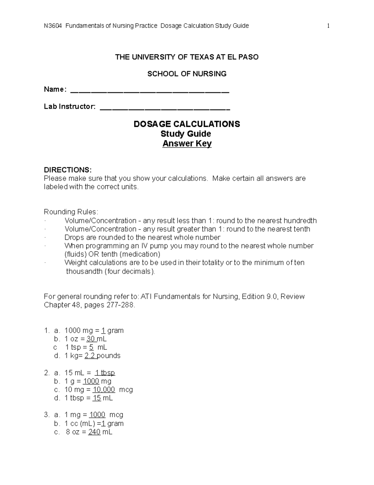Practice Dosage Cal Answer Key Spring 2020(1) - THE UNIVERSITY OF TEXAS ...