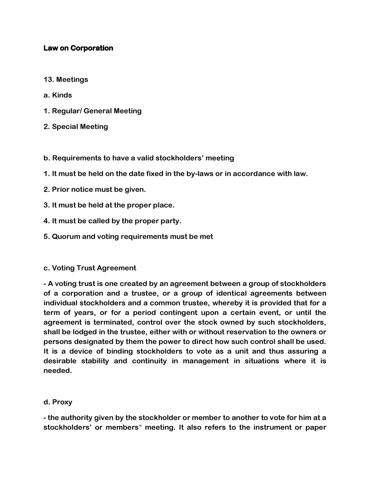 Meetings - Law On Corporation Meetings A. Kinds Regular/ General ...