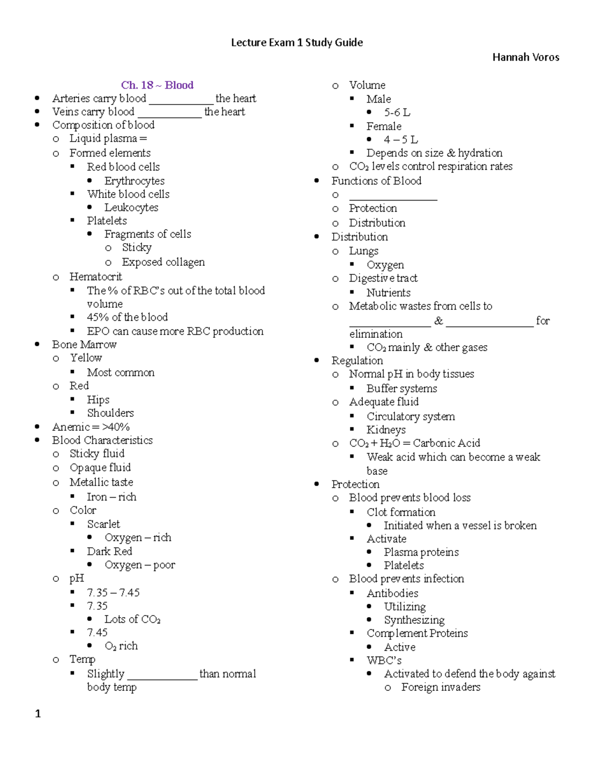 Lect 1 Study guide - Lecture Exam 1 Study Guide 1 Ch. 18 ~ Blood ...