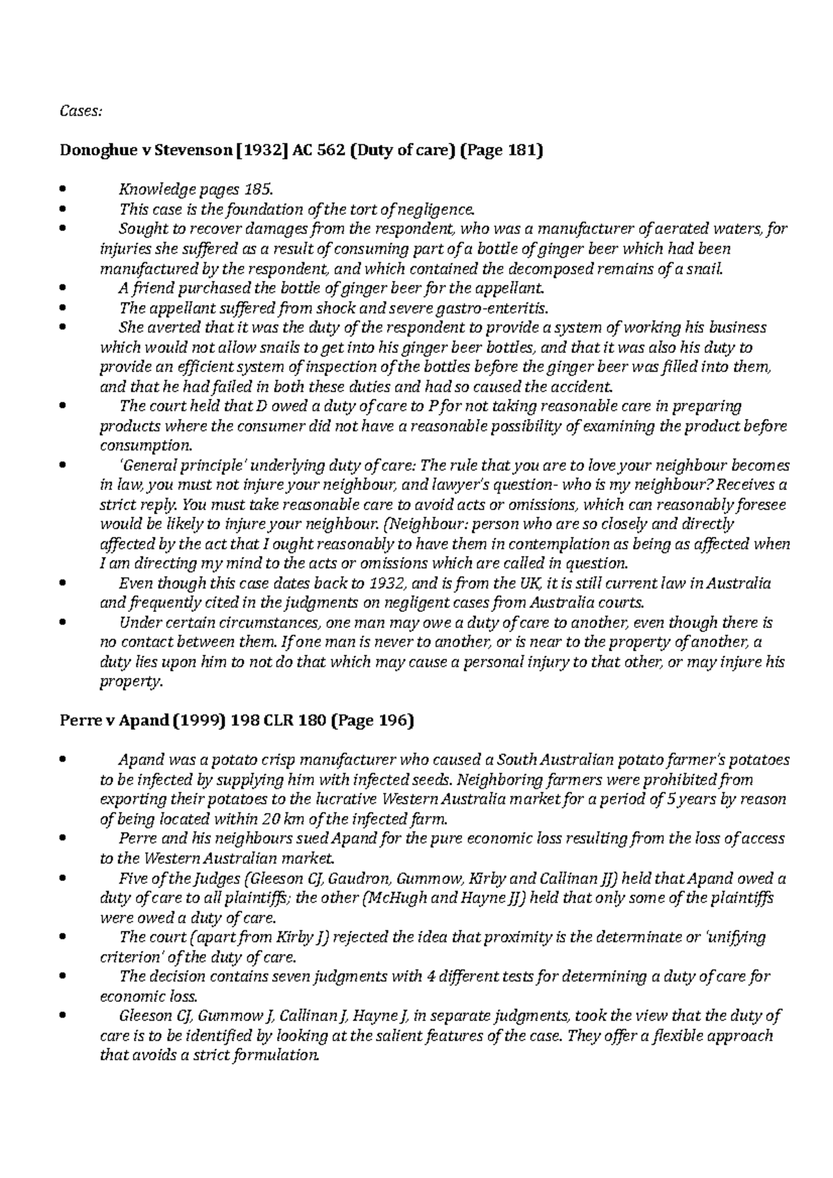 Cases fixed - case summaries - Cases: Donoghue v Stevenson [1932] AC ...