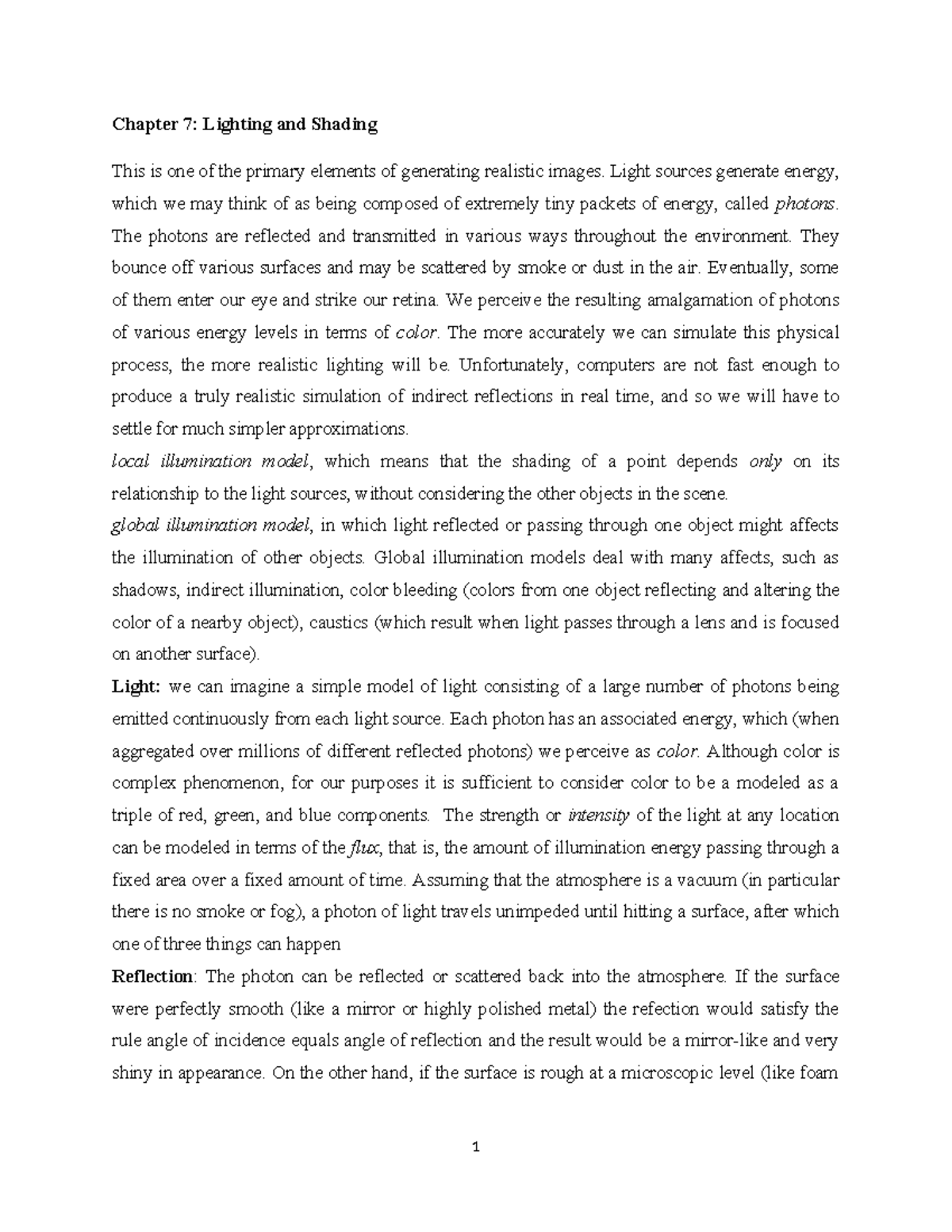 Chapter 7 Lighting and Shading - Chapter 7: Lighting and Shading This ...